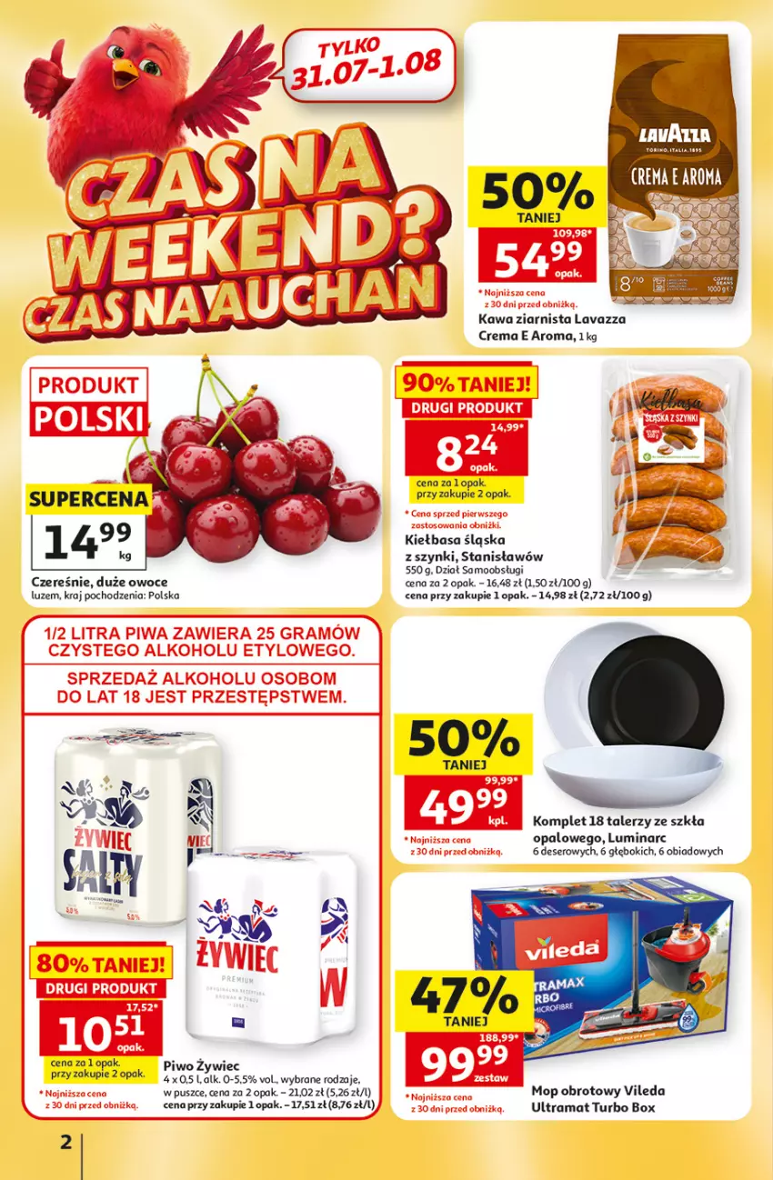 Gazetka promocyjna Auchan - Gazetka 30 Lat Hipermarket Auchan - ważna 30.07 do 05.08.2026 - strona 2 - produkty: Deser, Kawa, Kawa ziarnista, Kiełbasa, Kiełbasa śląska, Lavazza, Mop, Owoce, Piwo, Rama, Ser, Talerz, Vileda