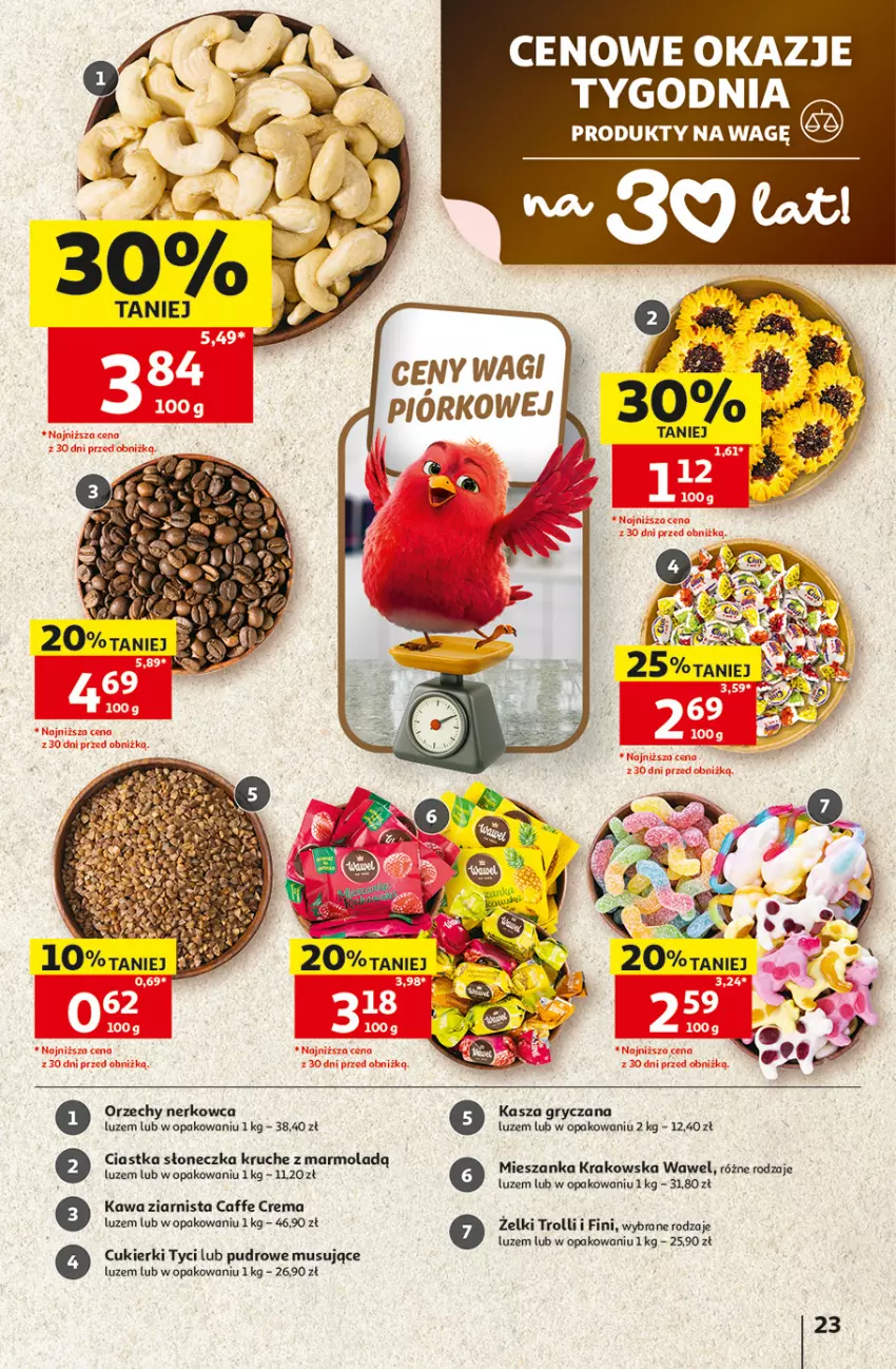Gazetka promocyjna Auchan - Gazetka 30 Lat Hipermarket Auchan - ważna 30.07 do 05.08.2026 - strona 23 - produkty: Ciastka, Cukier, Cukierki, Gry, Kasza, Kasza gryczana, Kawa, Kawa ziarnista, Mola, Mus, Wawel