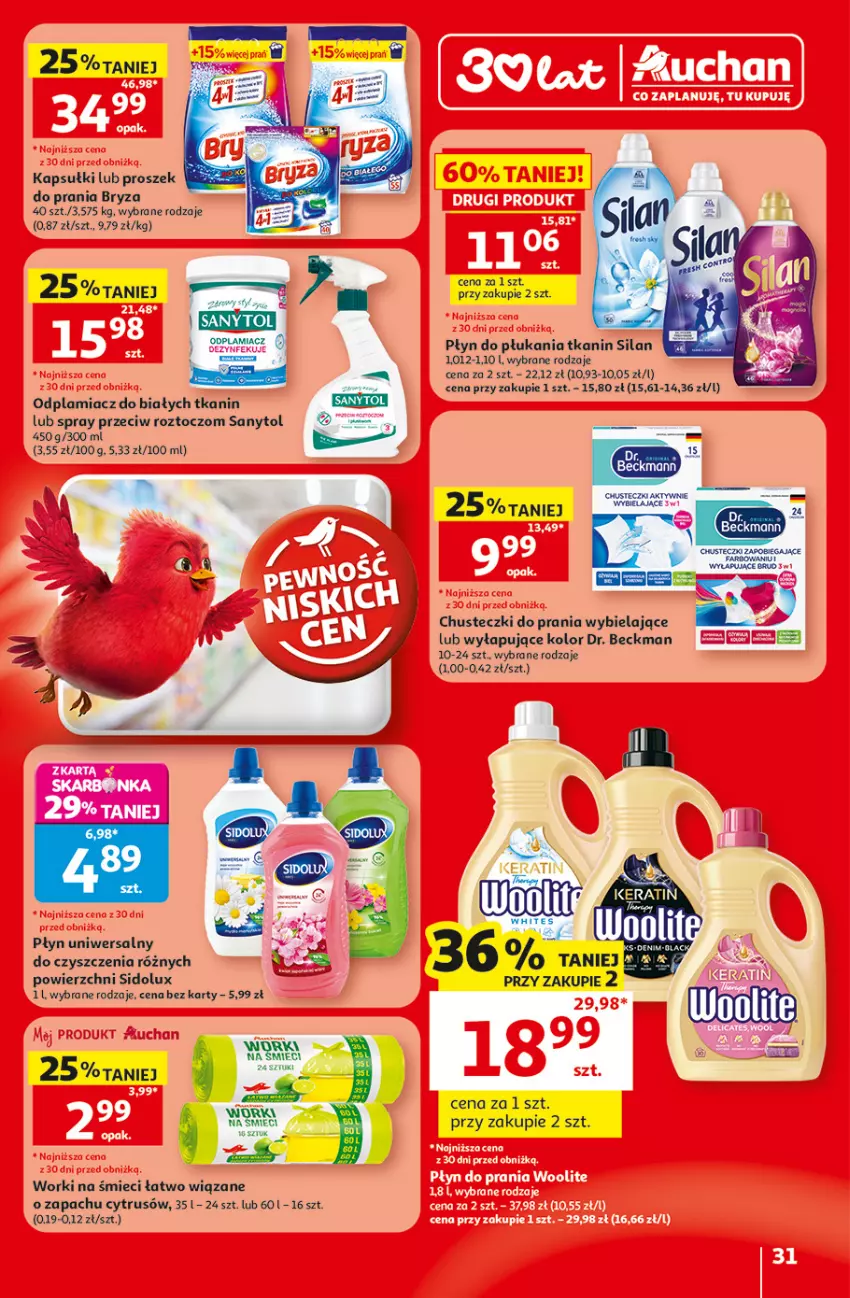 Gazetka promocyjna Auchan - Gazetka 30 Lat Hipermarket Auchan - ważna 30.07 do 05.08.2026 - strona 31 - produkty: Bryza, Odplamiacz, Płyn do płukania, Proszek do prania, Sanytol, Sidolux, Silan, Worki na śmiec, Worki na śmieci