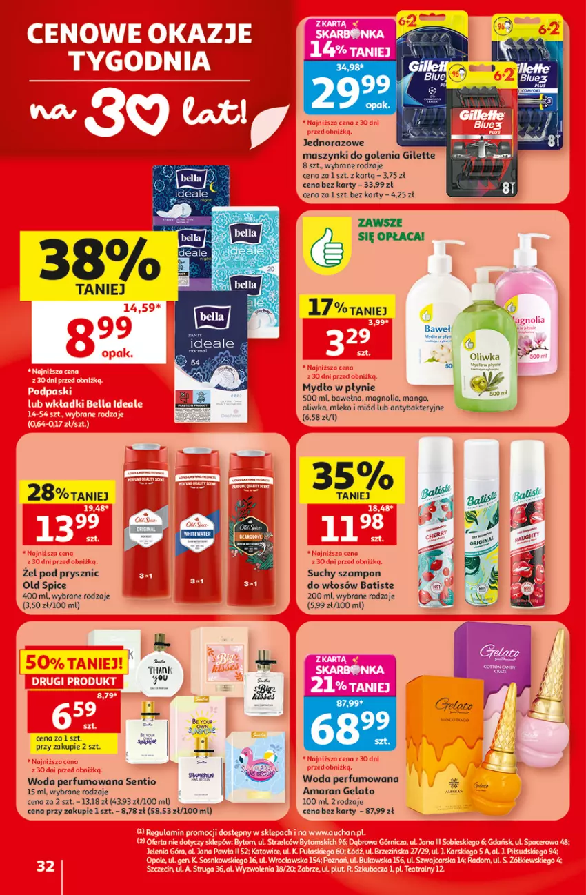 Gazetka promocyjna Auchan - Gazetka 30 Lat Hipermarket Auchan - ważna 30.07 do 05.08.2026 - strona 32 - produkty: Batiste, Dada, Mango, Miód, Mleko, Mydło, Mydło w płynie, Old Spice, Perfum, Suchy szampon, Szampon, Wełna, Woda, Woda perfumowana