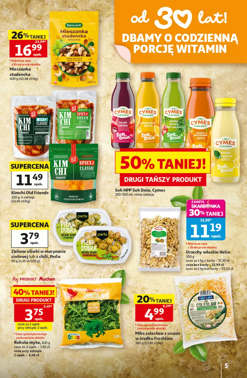 Gazetka promocyjna Auchan - Gazetka 30 Lat Hipermarket Auchan - ważna 30.07 do 05.08.2026 - strona 5 - produkty: Helio, HP, Mieszanka studencka, Oliwki, Orzechy włoskie, Rukola, Sok, Sos