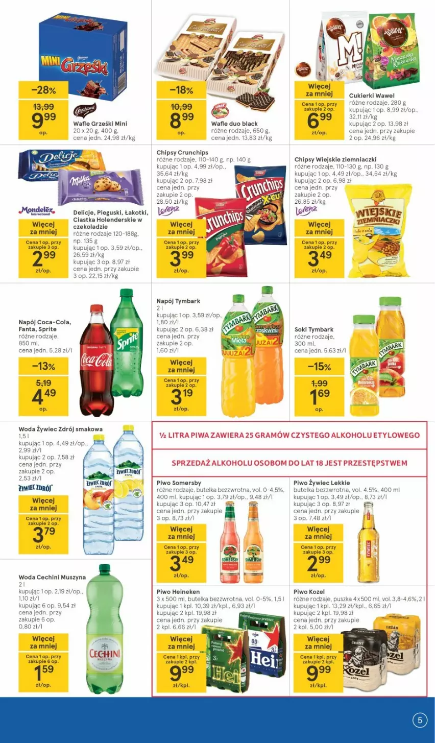 Gazetka promocyjna Tesco - Tesco gazetka - przyszły tydzień - ważna 09.09 do 15.09.2021 - strona 5 - produkty: Chipsy, Coca-Cola, Crunchips, Cukier, Cukierki, Fa, Fanta, Gra, Heineken, Kozel, Lack, Mus, Napój, Piwa, Piwo, Sok, Sprite, Szyna, Tymbark, Wafle, Wawel, Woda