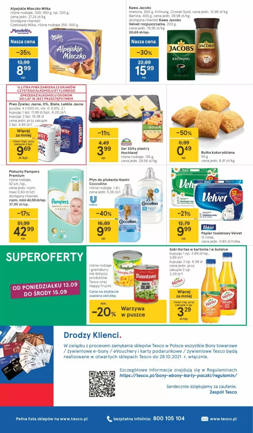 Gazetka promocyjna Tesco - Tesco gazetka - przyszły tydzień - ważna 09.09 do 15.09.2021 - strona 8 - produkty: Coccolino, Fa, Hochland, Hortex, Jacobs, Kawa, Milka, Mleczko, Pampers, Papier, Papier toaletowy, Pieluchy, Płyn do płukania, Ser, Velvet, Warzywa