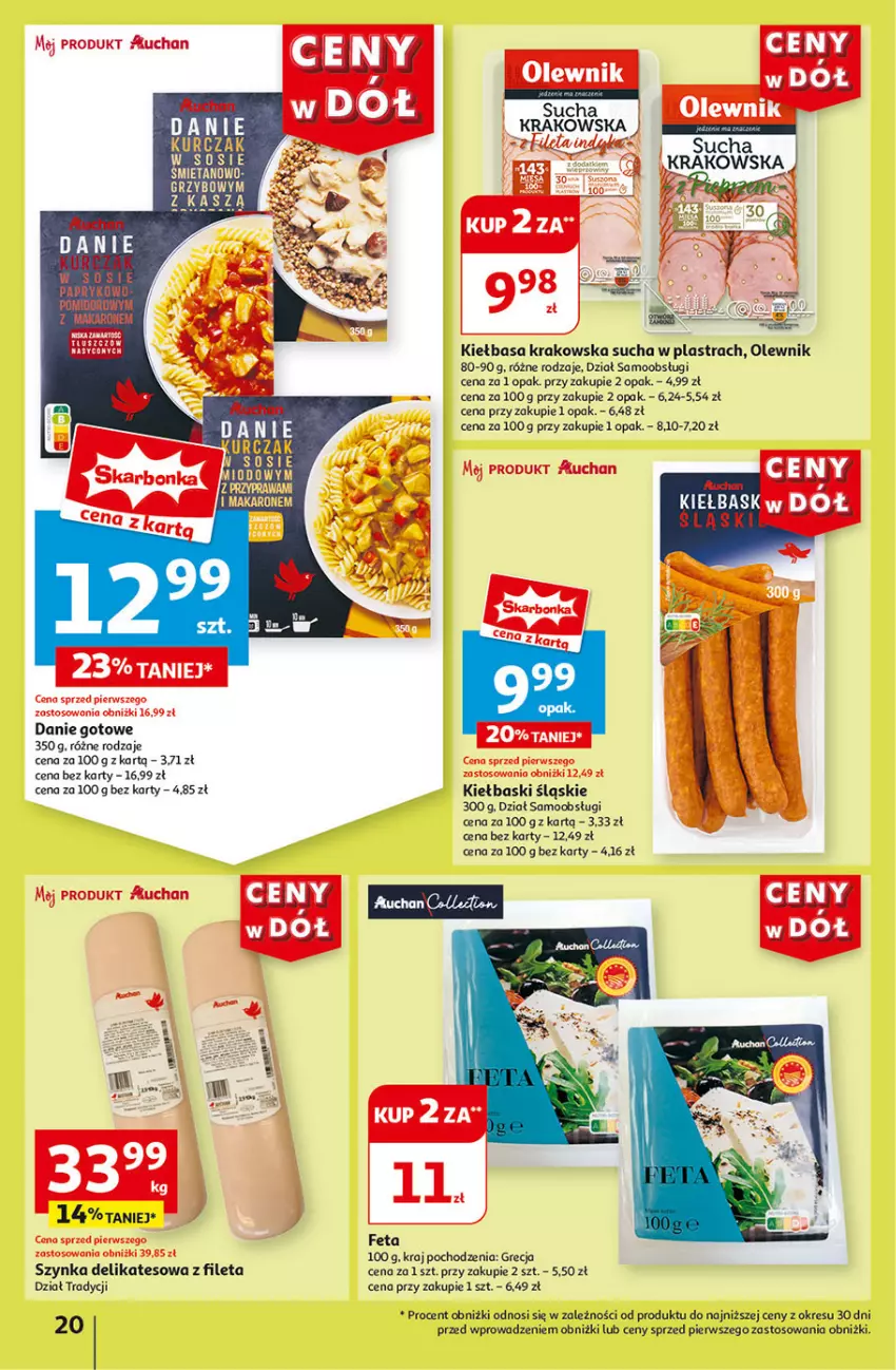 Gazetka promocyjna Auchan - Gazetka CENY W DÓŁ Hipermarket Auchan - ważna 04.07 do 10.07.2024 - strona 22 - produkty: Danie gotowe, Feta, Kiełbasa, Kiełbasa krakowska, Kiełbaski śląskie, Makaron, Olewnik