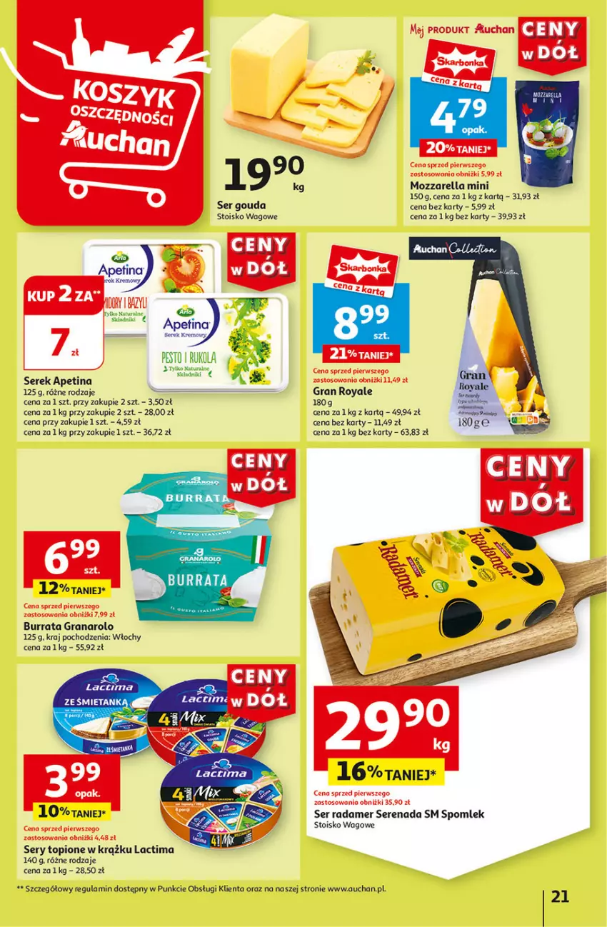 Gazetka promocyjna Auchan - Gazetka CENY W DÓŁ Hipermarket Auchan - ważna 04.07 do 10.07.2024 - strona 23 - produkty: Burrata, Gouda, Gra, Mozzarella, Radamer, Rukola, Ser, Top