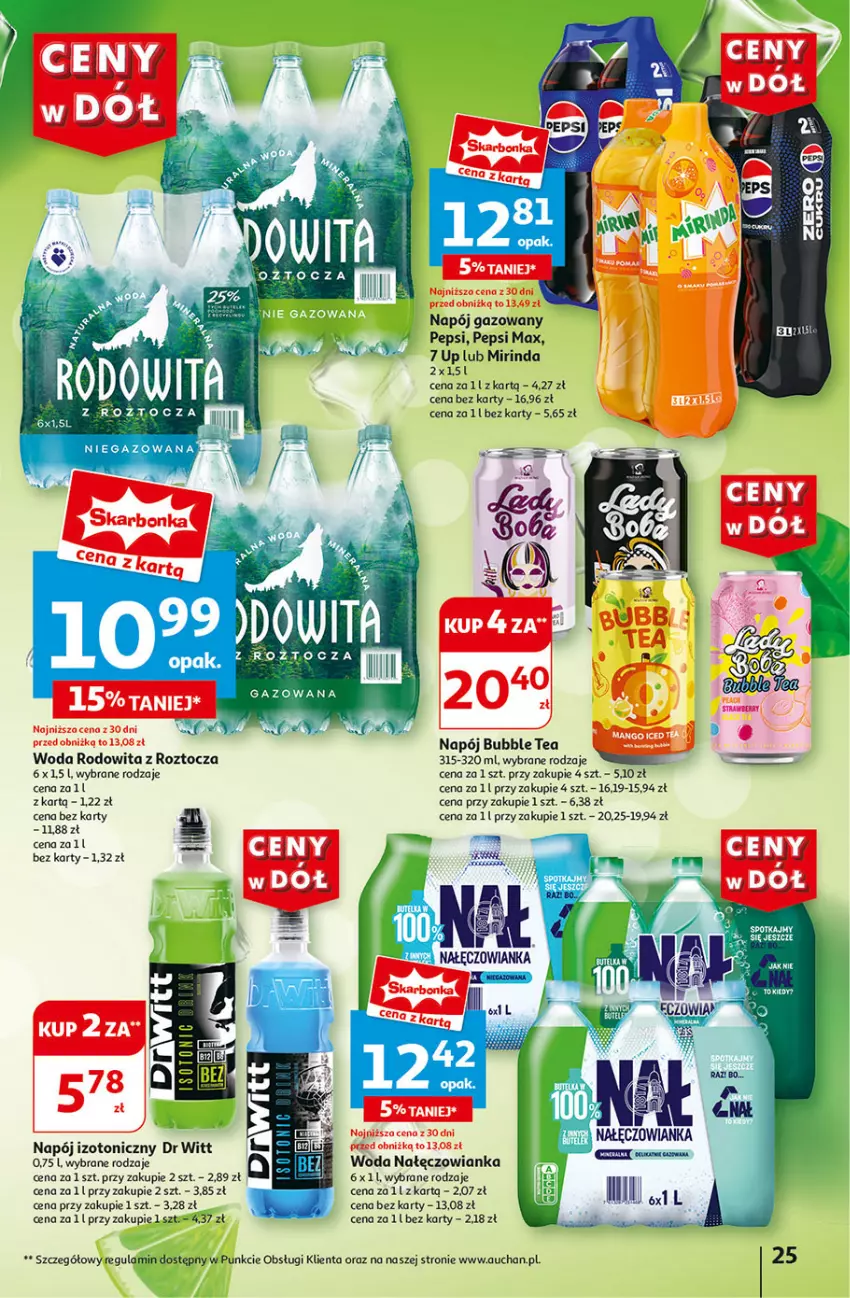 Gazetka promocyjna Auchan - Gazetka CENY W DÓŁ Hipermarket Auchan - ważna 04.07 do 10.07.2024 - strona 27 - produkty: Mirinda, Nałęczowianka, Napój, Napój gazowany, Napój izotoniczny, Pepsi, Pepsi max, Woda