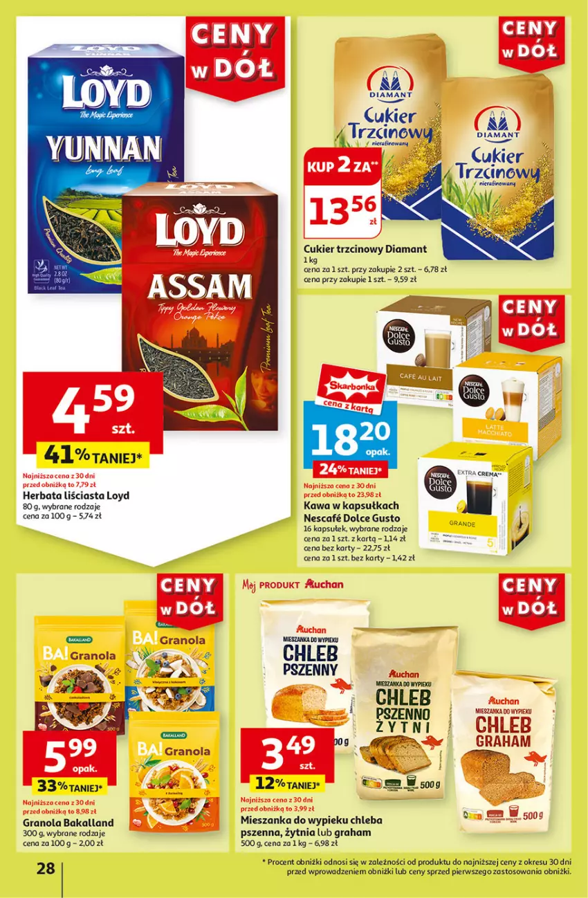 Gazetka promocyjna Auchan - Gazetka CENY W DÓŁ Hipermarket Auchan - ważna 04.07 do 10.07.2024 - strona 30 - produkty: Bakalland, Chleb, Cukier, Cukier trzcinowy, Diamant, Dolce Gusto, Gra, Granola, Herbata, Kawa, Loyd, Sok