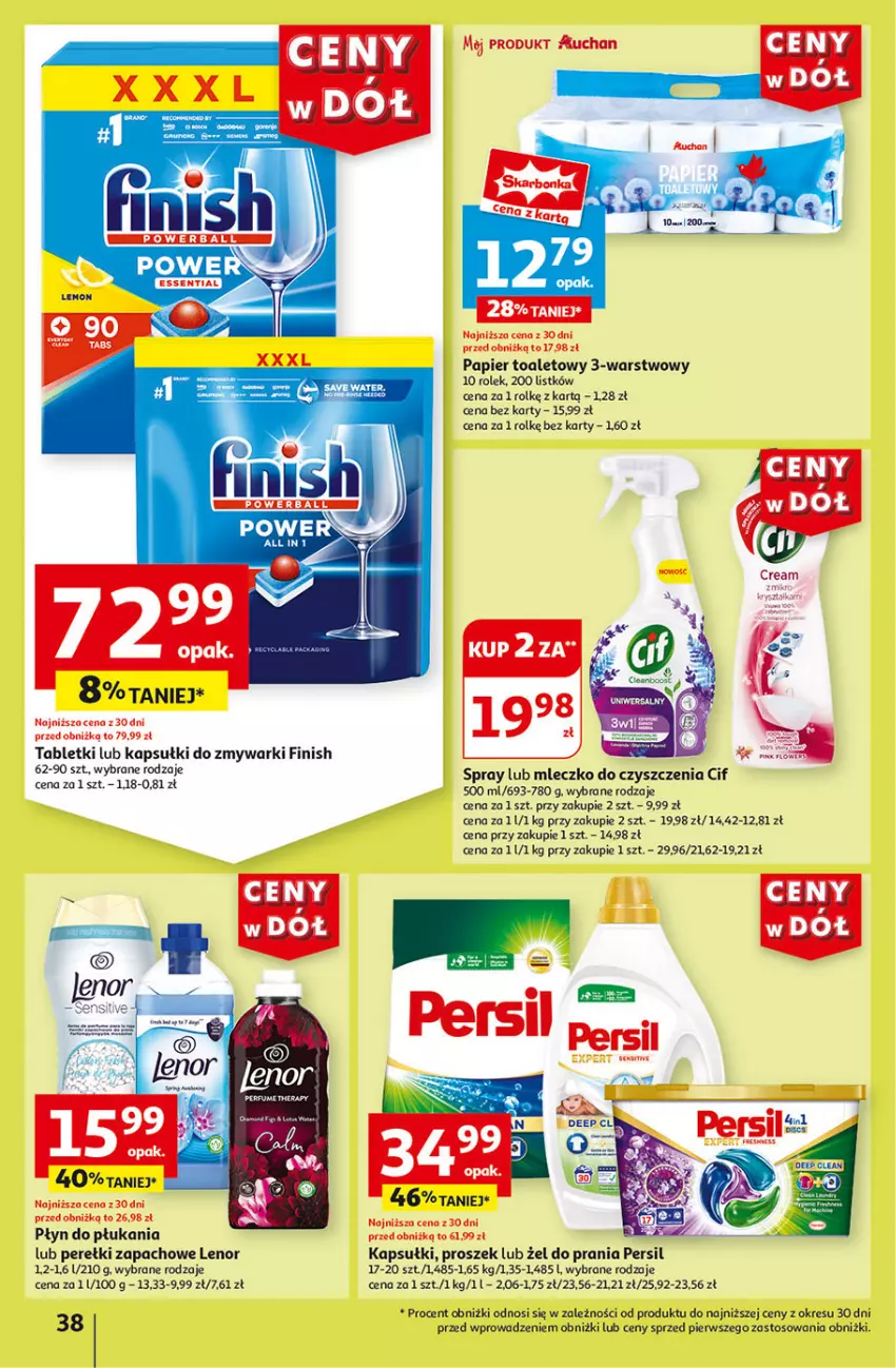 Gazetka promocyjna Auchan - Gazetka CENY W DÓŁ Hipermarket Auchan - ważna 04.07 do 10.07.2024 - strona 40 - produkty: Cif, Fa, Finish, Gin, Lenor, Mleczko, Papier, Papier toaletowy, Perełki zapachowe, Perfum, Persil, Płyn do płukania, Tablet, Zmywarki