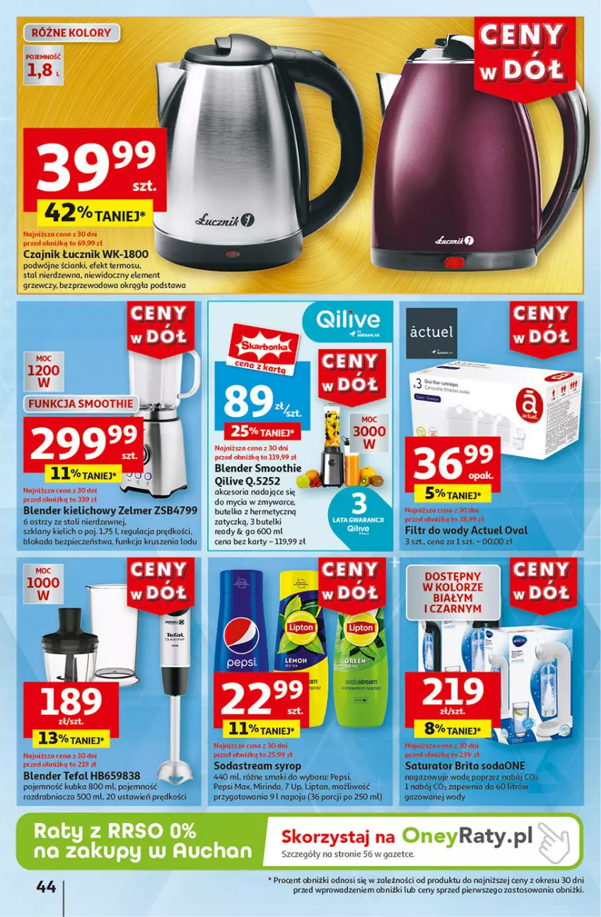 Gazetka promocyjna Auchan - Gazetka CENY W DÓŁ Hipermarket Auchan - ważna 04.07 do 10.07.2024 - strona 52 - produkty: Blender, Brit, Brita, Czajnik, Fa, Lipton, Mirinda, Pepsi, Pepsi max, Piec, Por, Rozdrabniacz, Smoothie, Syrop, Tefal, Termos, Zelmer