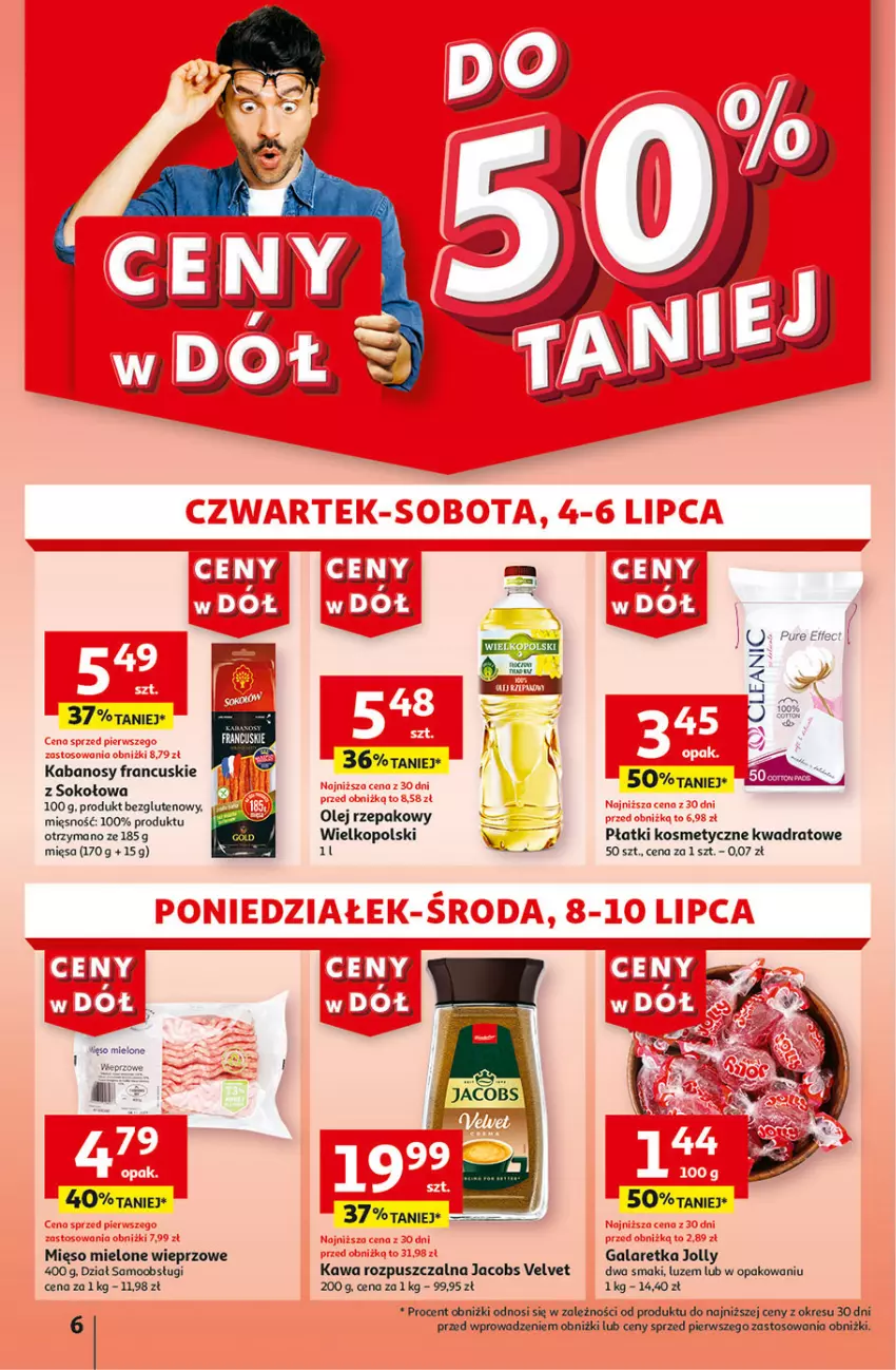 Gazetka promocyjna Auchan - Gazetka CENY W DÓŁ Hipermarket Auchan - ważna 04.07 do 10.07.2024 - strona 6 - produkty: Gala, Galaretka, Jacobs, Jacobs Velvet, Kabanos, Kawa, Kawa rozpuszczalna, Mięso, Mięso mielone, Olej, Olej rzepakowy, Płatki kosmetyczne, Sok, Velvet