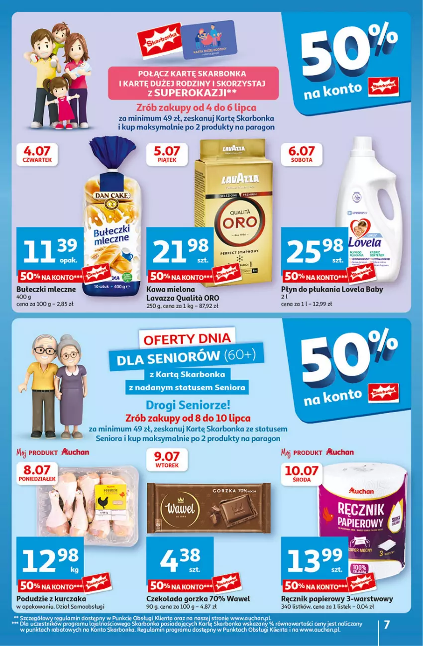 Gazetka promocyjna Auchan - Gazetka CENY W DÓŁ Hipermarket Auchan - ważna 04.07 do 10.07.2024 - strona 7 - produkty: Czekolada, Czekolada gorzka, Kawa, Kawa mielona, Kurczak, Lavazza, Lovela, Papier, Podudzie z kurczaka, Ręcznik, Stek, Wawel