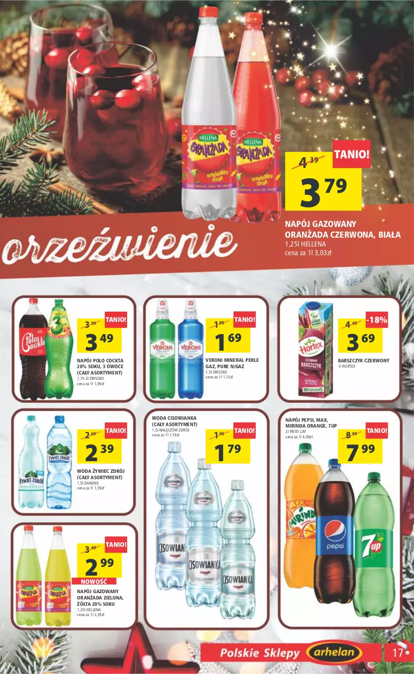 Gazetka promocyjna Arhelan - Gazetka - ważna 16.12 do 26.12.2022 - strona 17 - produkty: 7up, Cisowianka, Danone, Hellena, Hortex, Mirinda, Napój, Napój gazowany, Oranżada, Owoce, Pepsi, Pur, Sok, Woda