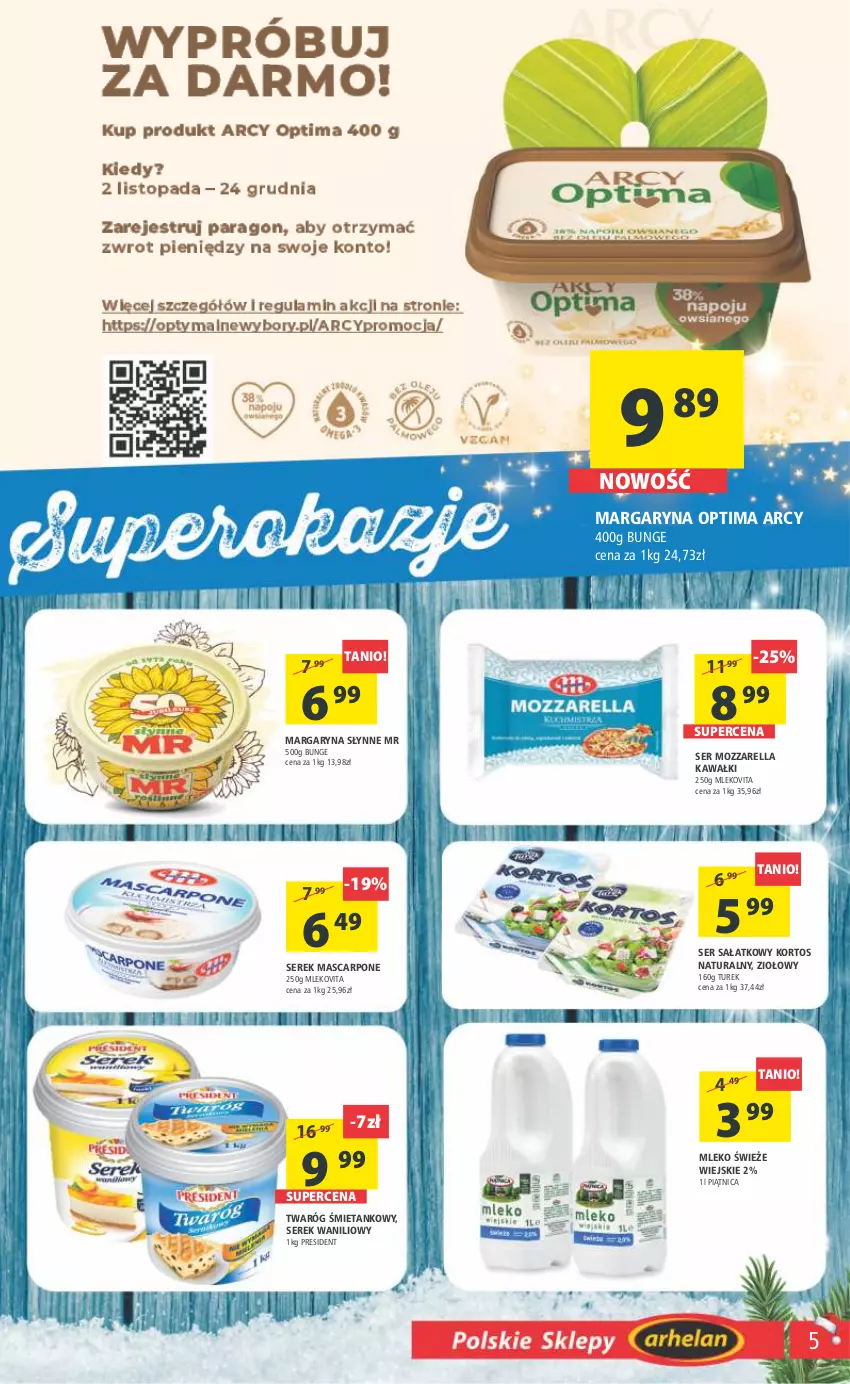 Gazetka promocyjna Arhelan - Gazetka - ważna 16.12 do 26.12.2022 - strona 5 - produkty: Kawa, Margaryna, Mascarpone, Mleko, Mlekovita, Mozzarella, Optima, Piątnica, Sałat, Ser, Serek, Słynne, Twaróg, Twaróg śmietankowy, Vita C