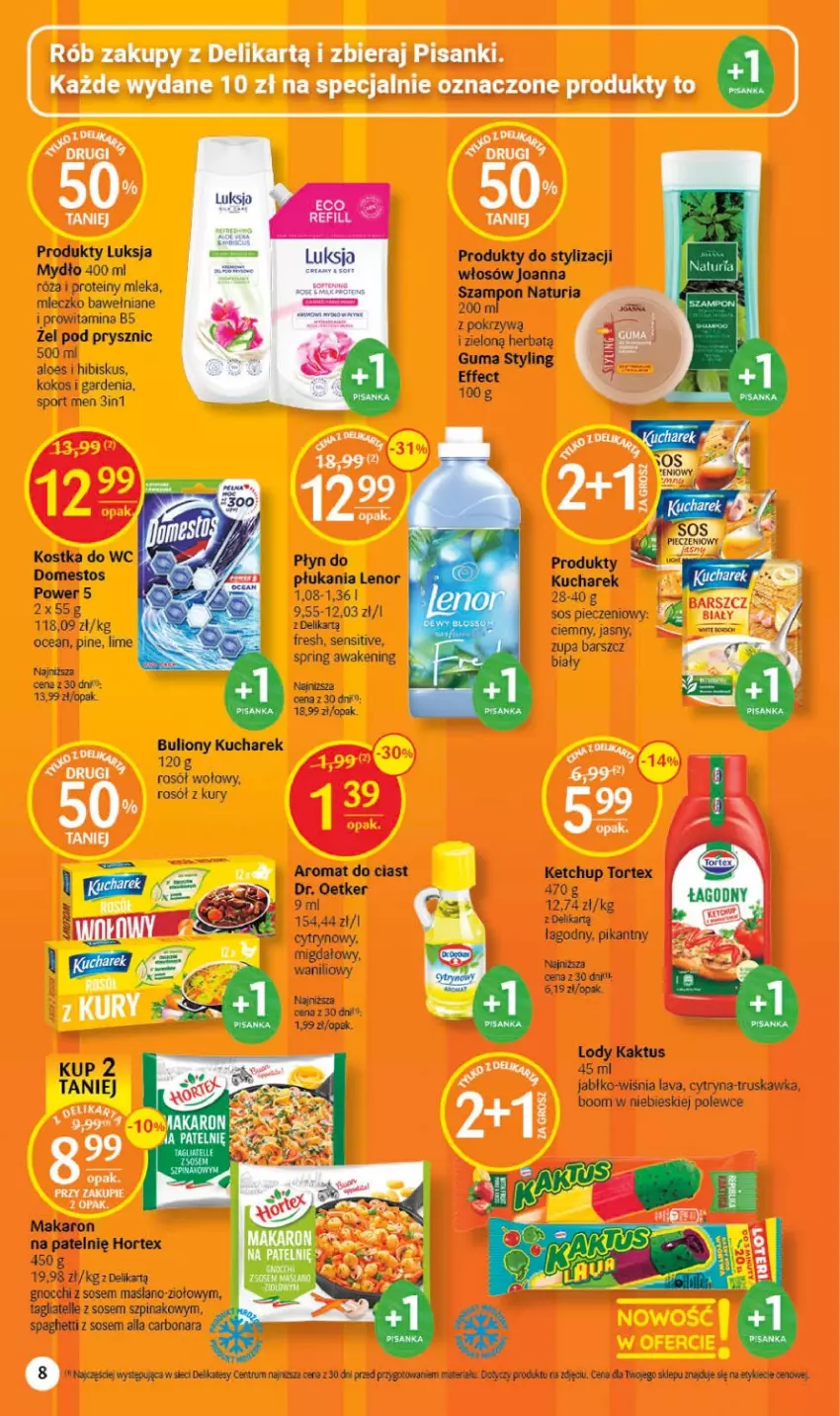 Gazetka promocyjna Delikatesy Centrum - Gazetka DC11 - ważna 16.03 do 22.03.2023 - strona 8 - produkty: Bulion, Domestos, Dr. Oetker, Gnocchi, Hibiskus, Hortex, Joanna, Kaktus, Ketchup, Kokos, Kostka do wc, Kucharek, Lenor, Lion, Lody, Luksja, Makaron, Mleczko, Mydło, Piec, Por, Rosół, Rosół wołowy, Róża, Rum, Sanki, Sos, Sos pieczeniowy, Spaghetti, Sport, Szampon, Szpinak, Tagliatelle, Zupa