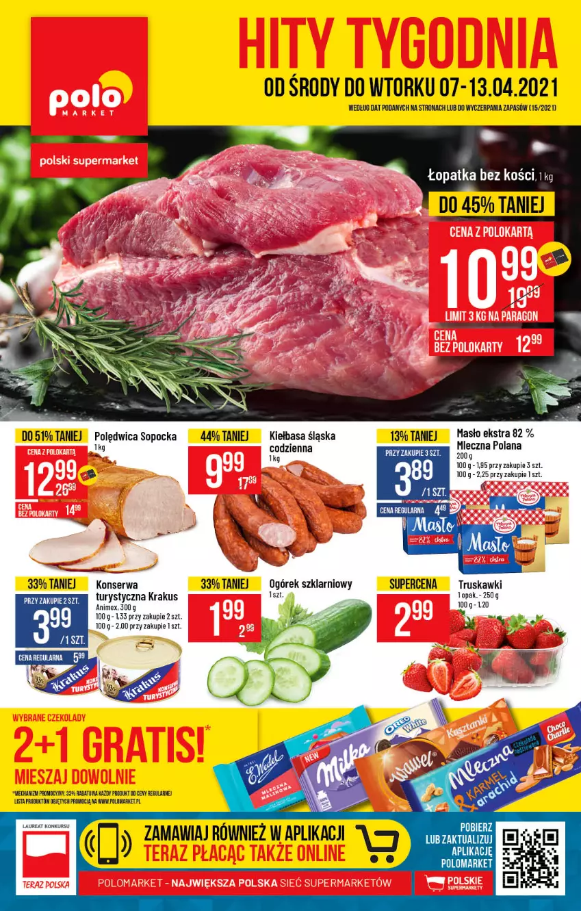 Gazetka promocyjna PoloMarket - Gazetka promocyjna  r - ważna 07.04 do 13.04.2021 - strona 1 - produkty: Kiełbasa, Kiełbasa śląska, Krakus, LANA, Laur, Ogórek, Polędwica, Ser, Truskawki