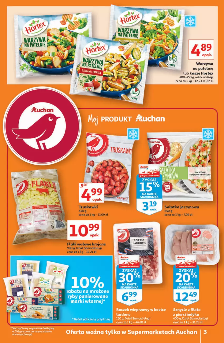 Gazetka promocyjna Auchan - Superoszczędzanie z markami Auchan Supermarkety - ważna 30.09 do 06.10.2021 - strona 3 - produkty: Boczek, Flaki, Flaki wołowe, Hortex, Sałat, Sałatka, Truskawki, Warzywa