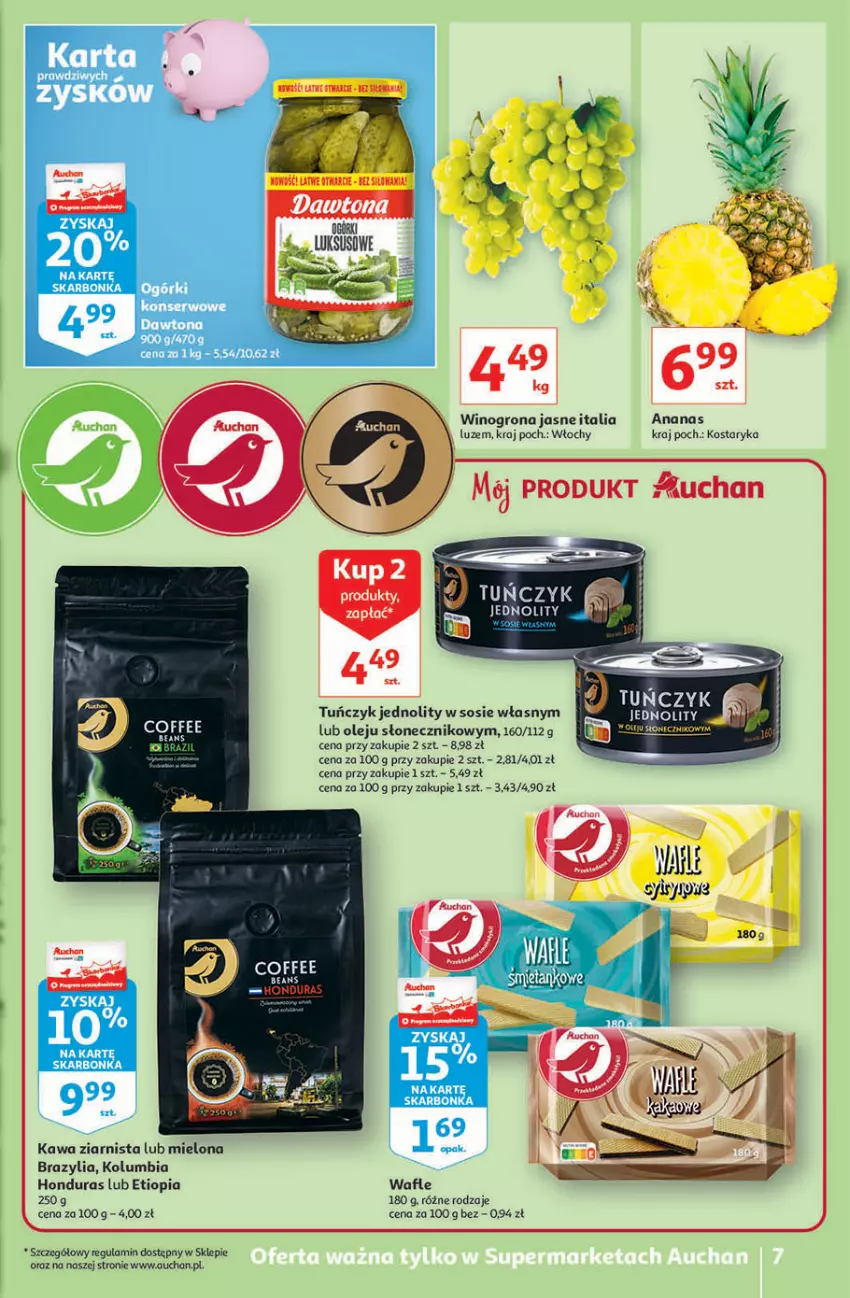 Gazetka promocyjna Auchan - Superoszczędzanie z markami Auchan Supermarkety - ważna 30.09 do 06.10.2021 - strona 7 - produkty: Ananas, Kawa, Kawa ziarnista, Olej, Sos, Tuńczyk, Wafle, Wino, Winogrona