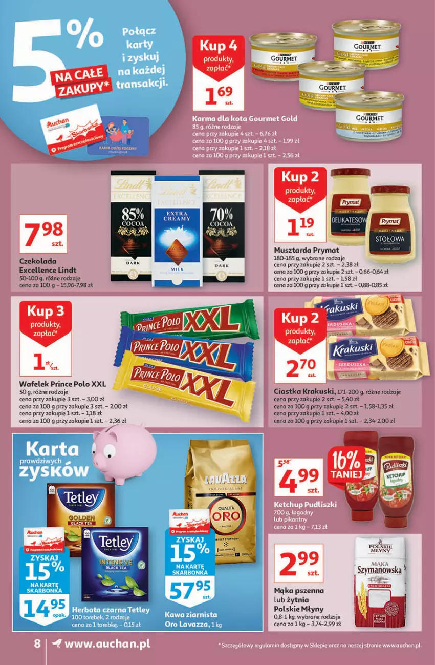 Gazetka promocyjna Auchan - Superoszczędzanie z markami Auchan Supermarkety - ważna 30.09 do 06.10.2021 - strona 8 - produkty: Ciastka, Czekolada, Kawa, Kawa ziarnista, Krakus, Krakuski, Lavazza, Lindt, Mąka, Mąka pszenna, Mus, Musztarda, Polskie Młyny, Prince Polo, Prymat, Tetley, Wafelek