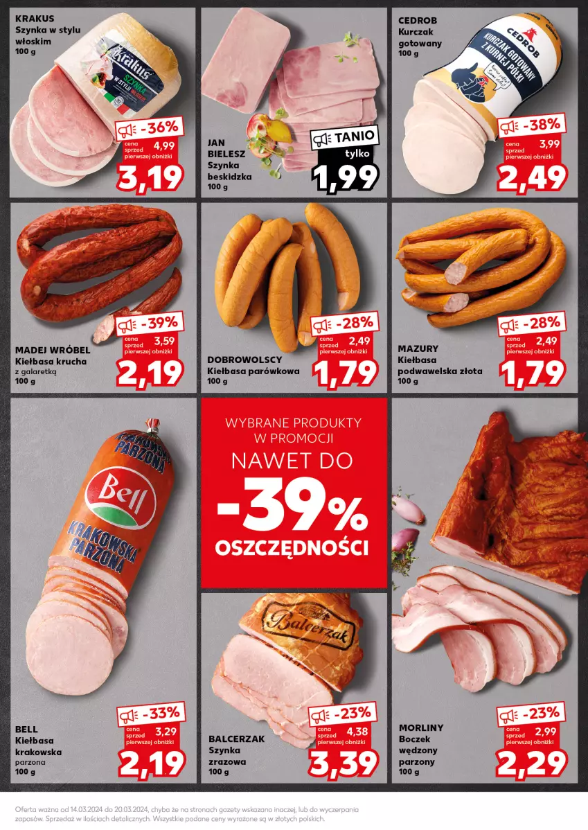 Gazetka promocyjna Kaufland - Kaufland - ważna 18.03 do 20.03.2024 - strona 19 - produkty: Bell, Boczek, Gala, Kiełbasa, Kiełbasa krucha, Kiełbasa podwawelska, Krakus, Kurczak, Kurczak gotowany, Madej Wróbel, Morliny, Szynka, Wawel