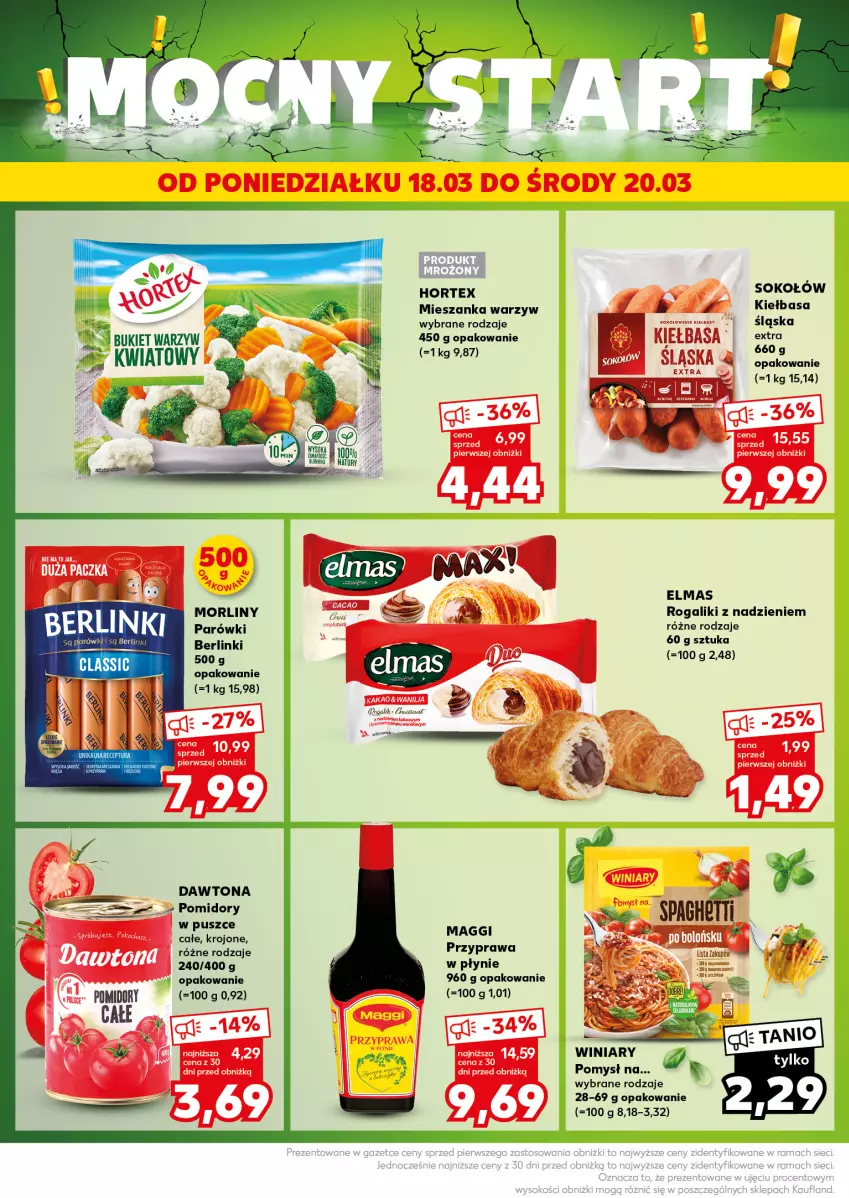 Gazetka promocyjna Kaufland - Kaufland - ważna 18.03 do 20.03.2024 - strona 4 - produkty: Berlinki, Dawtona, Hortex, Kiełbasa, Maggi, Mieszanka warzyw, Morliny, Parówki, Pomidory, Rogal, Sok, Sokołów, Winiary