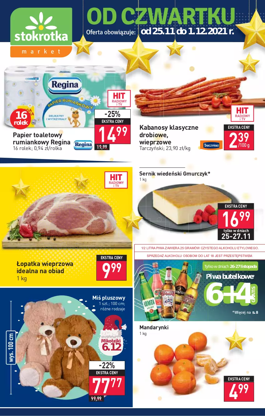 Gazetka promocyjna Stokrotka - Market - ważna 25.11 do 01.12.2021 - strona 1 - produkty: Gin, Gra, Kabanos, Mandarynki, Papier, Papier toaletowy, Piwa, Rum, Ser, Tarczyński, Top