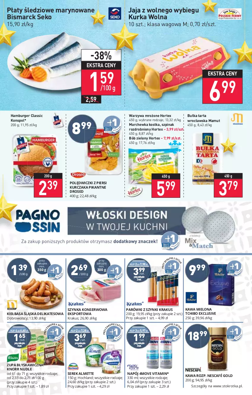 Gazetka promocyjna Stokrotka - Market - ważna 25.11 do 01.12.2021 - strona 6 - produkty: Bułka, Bułka tarta, Burger, Hamburger, Hortex, Jaja, Jaja z wolnego wybiegu, Marchewka, Płaty śledziowe, SEKO, Szpinak, Tarta, Warzywa