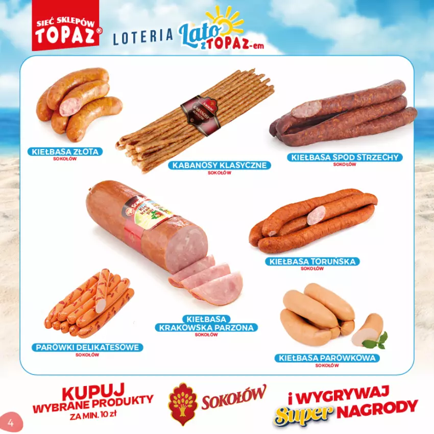 Gazetka promocyjna Topaz - Gazetka - ważna 05.07 do 05.09.2021 - strona 4 - produkty: Kabanos, Kiełbasa, Kiełbasa krakowska, Sok, Sokołów