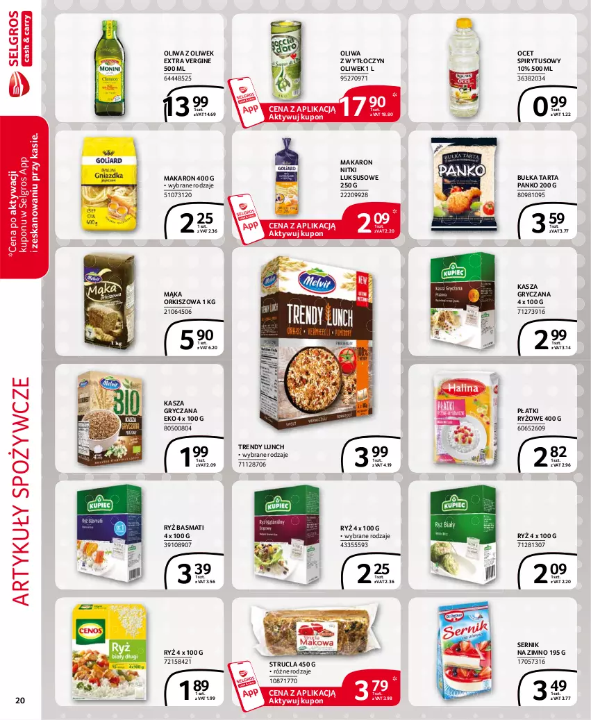 Gazetka promocyjna Selgros - Extra Oferta - ważna 01.04 do 30.04.2021 - strona 20 - produkty: Artykuły spożywcze, Bułka, Bułka tarta, Gin, Gry, Kasza, Kasza gryczana, LG, Mąka, Makaron, Ocet, Oliwa z oliwek, Płatki ryżowe, Ryż, Ryż basmati, Ser, Strucla, Tarta