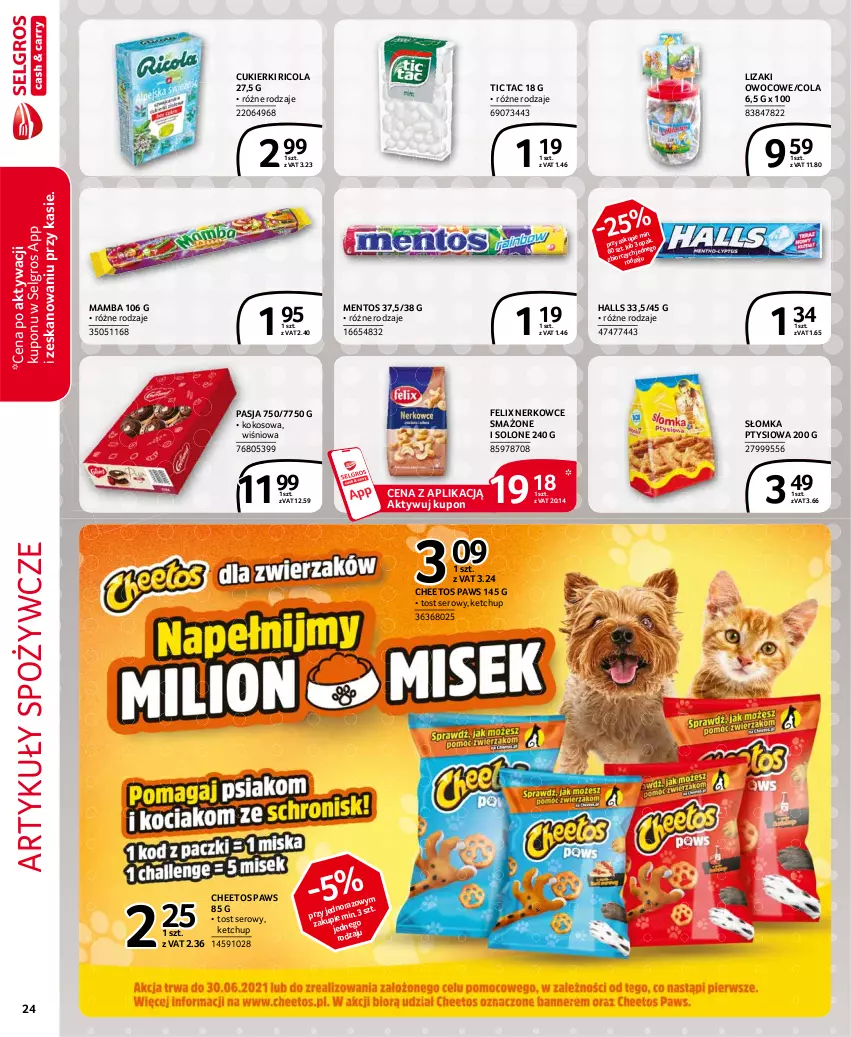 Gazetka promocyjna Selgros - Extra Oferta - ważna 01.04 do 30.04.2021 - strona 24 - produkty: Artykuły spożywcze, Cheetos, Cukier, Cukierki, Felix, Halls, Ketchup, Kokos, LG, Lizaki, Mamba, Mentos, Ser