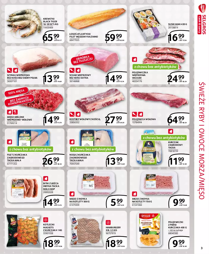 Gazetka promocyjna Selgros - Extra Oferta - ważna 01.04 do 30.04.2021 - strona 3 - produkty: Burger, Hamburger, Kotlet, Krewetki, Kurczak, Lack, Mięso, Mięso mielone, Mięso z indyka, Nuggets z kurczaka, Owoce, Owoce morza, Polędwica, Polędwica wołowa, Polędwiczka wieprzowa, Rostbef, Ryby i owoce morza, Schab wieprzowy, Sushi, Szynka, Szynka wieprzowa, Tiger