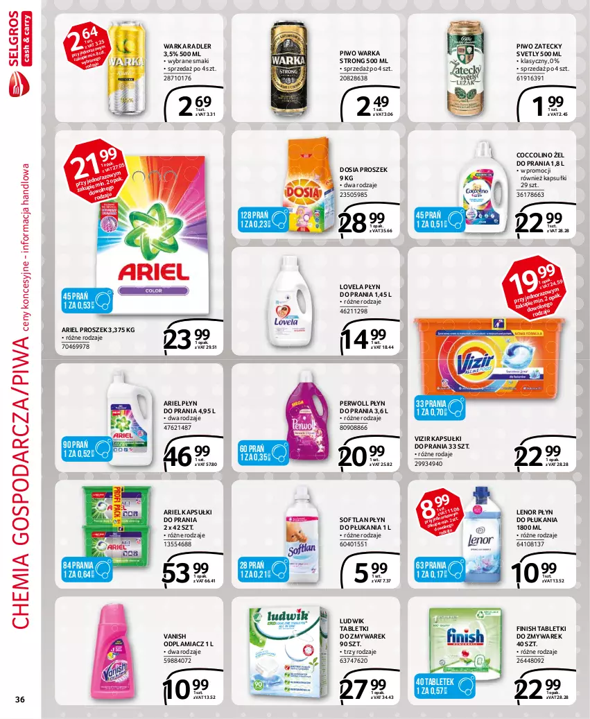 Gazetka promocyjna Selgros - Extra Oferta - ważna 01.04 do 30.04.2021 - strona 36 - produkty: Ariel, Coccolino, Finish, Kapsułki do prania, Lenor, Lovela, Ludwik, Odplamiacz, Perwoll, Piwa, Piwo, Płyn do płukania, Płyn do prania, Radler, Tablet, Vanish, Vizir, Warka