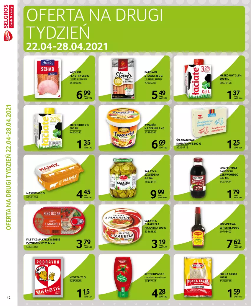 Gazetka promocyjna Selgros - Extra Oferta - ważna 01.04 do 30.04.2021 - strona 44 - produkty: Bułka, Bułka tarta, Danio, Ketchup, Makrelą, Mleko, Parówki, Przyprawa w płynie, Sałat, Sałatka, Sałatka z makrelą, Ser, Sos, Tarta, Twaróg, Vegeta, Wędlina