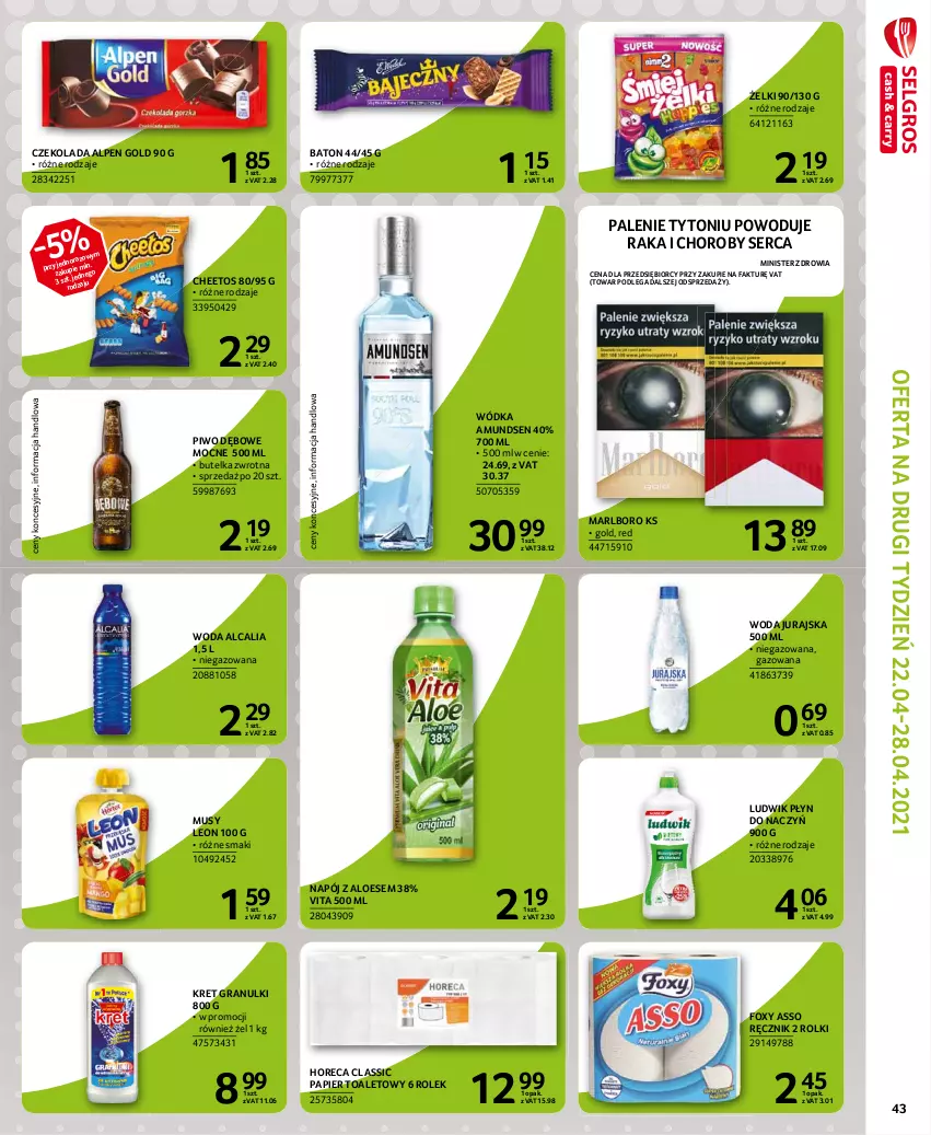 Gazetka promocyjna Selgros - Extra Oferta - ważna 01.04 do 30.04.2021 - strona 45 - produkty: Amundsen, Baton, Cheetos, Czekolada, Fa, Foxy, Gra, Kret, Leon, Ludwik, Mus, Napój, Papier, Papier toaletowy, Piwo, Ręcznik, Rolki, Ser, Woda, Wódka