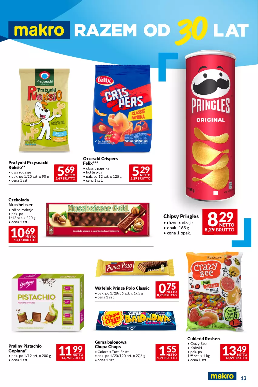 Gazetka promocyjna Makro - Oferta dla Twojego biznesu - ważna 05.03 do 18.03.2024 - strona 13 - produkty: Chipsy, Chupa Chups, Cukier, Cukierki, Czekolada, Felix, Goplana, LANA, Orzeszki, Praliny, Prince Polo, Pringles, Przysnacki, Ser, Wafelek