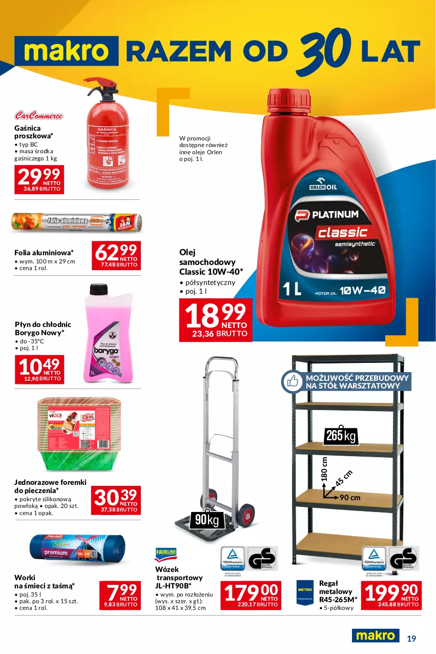 Gazetka promocyjna Makro - Oferta dla Twojego biznesu - ważna 05.03 do 18.03.2024 - strona 19 - produkty: Folia aluminiowa, Foremki, Gaśnica, Olej, Piec, Płyn do chłodnic, Por, Regał, Regał metalowy, Sport, Stół, Stół warsztatowy, Tran, Worki na śmiec, Worki na śmieci, Wózek, Wózek transportowy