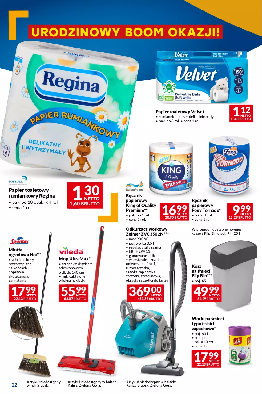 Gazetka promocyjna Makro - Oferta dla Twojego biznesu - ważna 05.03 do 18.03.2024 - strona 22 - produkty: Foxy, Gin, Kosz, Miotła, Mop, Odkurzacz, Orka, Papier, Papier toaletowy, Rama, Ręcznik, Rum, Szczotka, T-shirt, Teleskop, Velvet, Worki na śmiec, Worki na śmieci, Zelmer