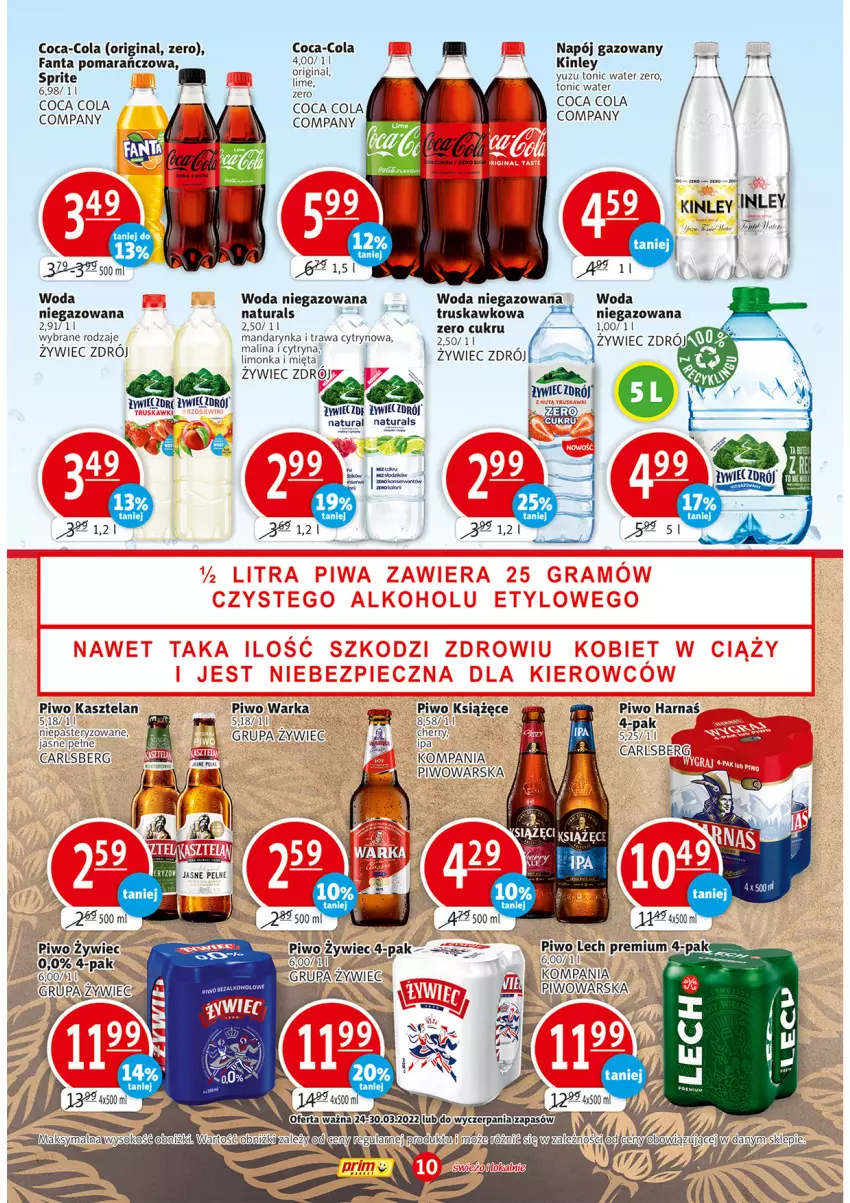 Gazetka promocyjna Prim Market - ważna 24.03 do 30.03.2022 - strona 10 - produkty: Carlsberg, Coca-Cola, Fa, Fanta, Gin, Harnaś, Kasztelan, Książęce, Napój, Napój gazowany, Piwo, Sprite, Warka, Woda, Woda niegazowana