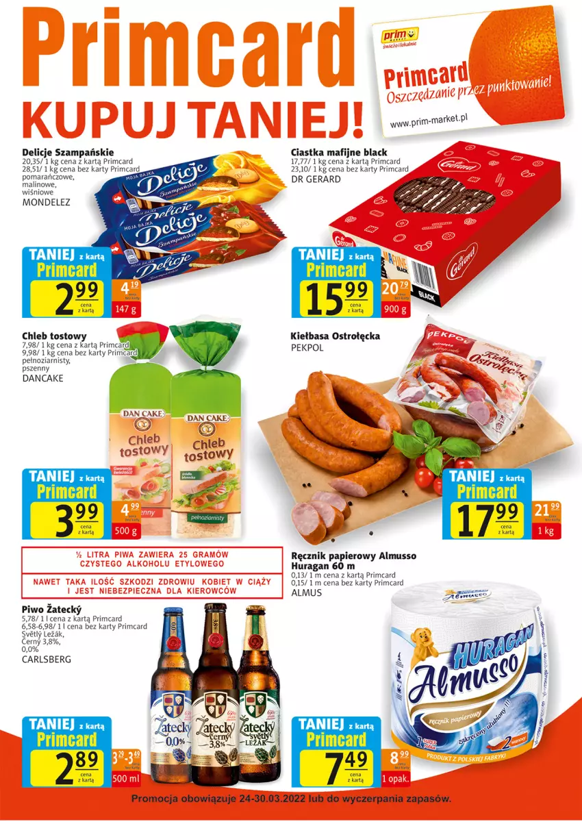 Gazetka promocyjna Prim Market - ważna 24.03 do 30.03.2022 - strona 7 - produkty: Carlsberg, Chleb, Ciastka, Dan Cake, Delicje, Dr Gerard, Kiełbasa, Lack, Mus, Papier, Pekpol, Piwo, Ręcznik