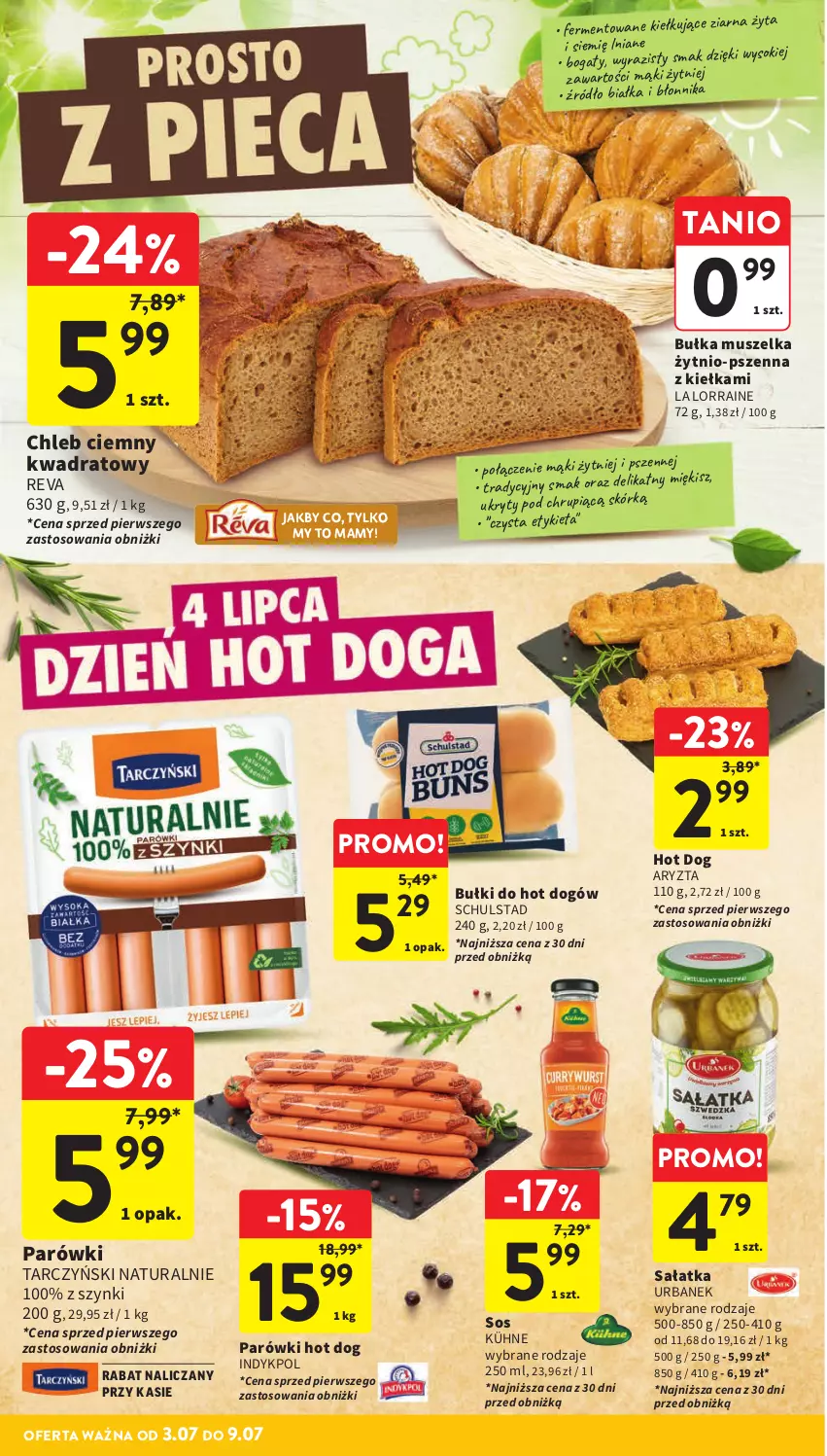 Gazetka promocyjna Intermarche - Gazetka Intermarche - ważna 03.07 do 09.07.2025 - strona 16 - produkty: Bułka, Bułki do hot dogów, Chleb, Hot dog, Mus, Parówki, Parówki hot dog, Sałat, Sałatka, Sok, Sos, Tarczyński
