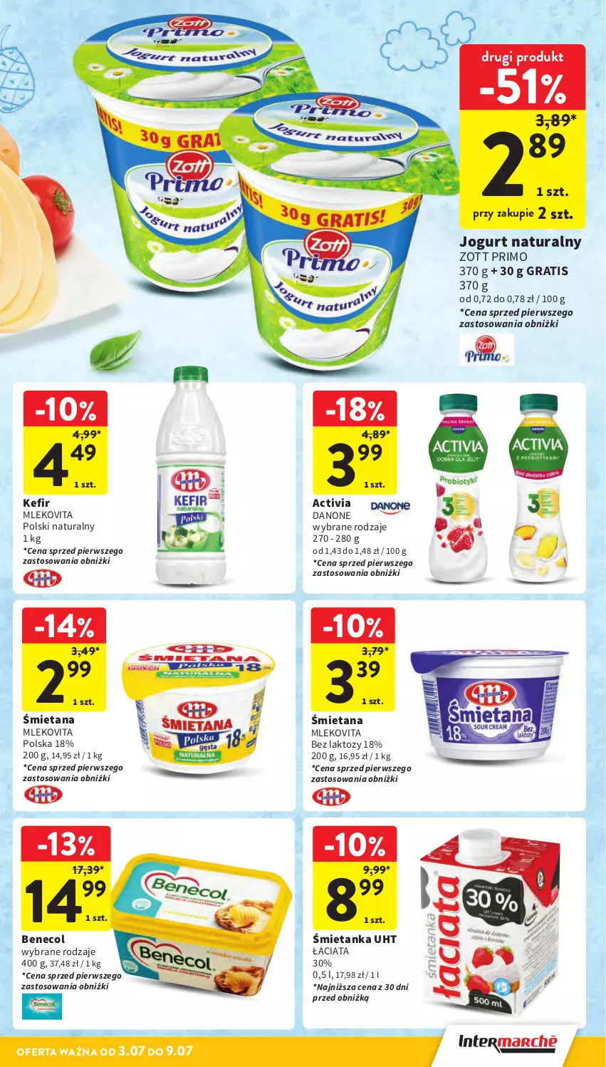 Gazetka promocyjna Intermarche - Gazetka Intermarche - ważna 03.07 do 09.07.2025 - strona 21 - produkty: Activia, Benecol, Danone, Gra, Jogurt, Jogurt naturalny, Kefir, Mleko, Mlekovita, Zott, Zott Primo