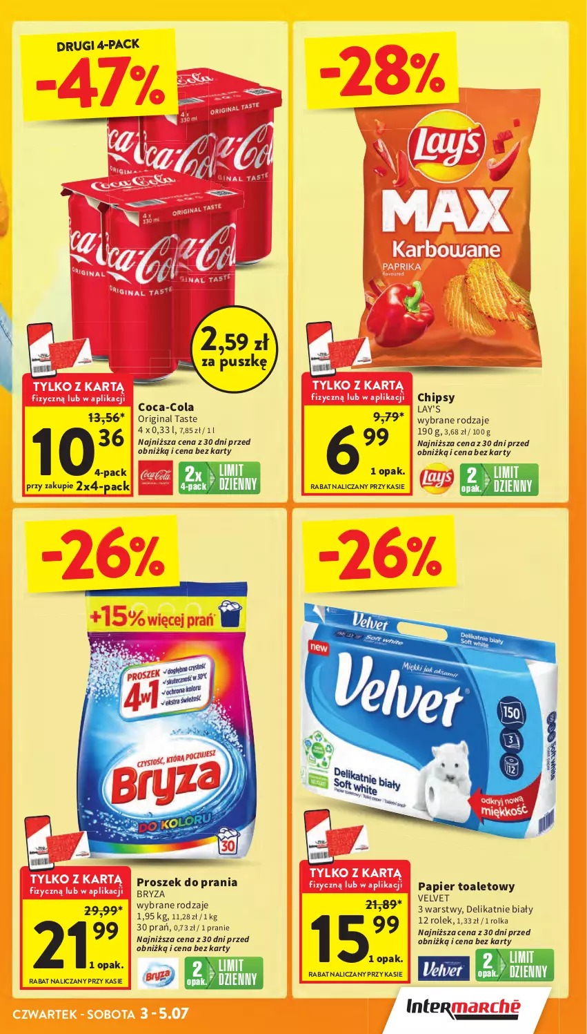 Gazetka promocyjna Intermarche - Gazetka Intermarche - ważna 03.07 do 09.07.2025 - strona 3 - produkty: Bryza, Chipsy, Coca-Cola, Gin, Papier, Papier toaletowy, Proszek do prania, Velvet