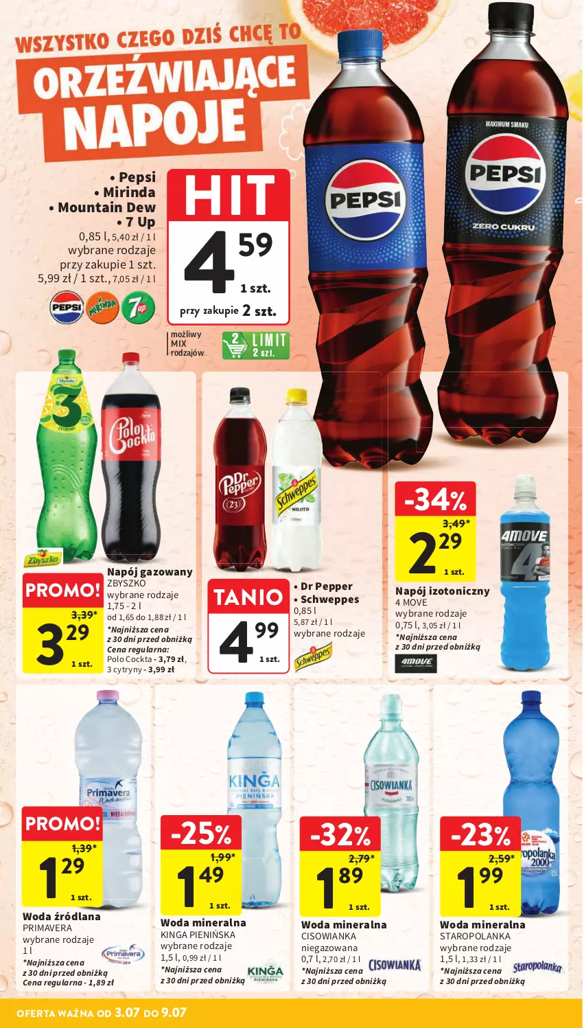 Gazetka promocyjna Intermarche - Gazetka Intermarche - ważna 03.07 do 09.07.2025 - strona 30 - produkty: Cisowianka, Cytryny, LANA, Mirinda, Napój, Napój gazowany, Napój izotoniczny, Pepsi, Prima, Primavera, Schweppes, Staropolanka, Woda, Woda mineralna