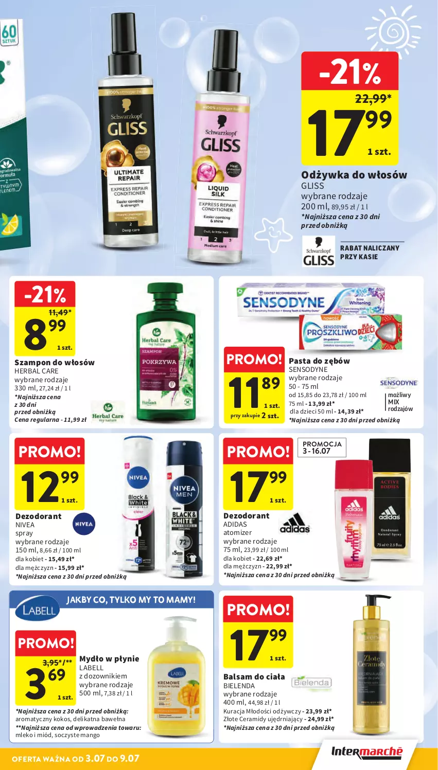 Gazetka promocyjna Intermarche - Gazetka Intermarche - ważna 03.07 do 09.07.2025 - strona 39 - produkty: Adidas, Balsam do ciała, Bell, Bielenda, Dezodorant, Dozownik, Dzieci, Kokos, Mango, Miód, Mleko, Mydło, Mydło w płynie, Nivea, Odżywka, Pasta do zębów, Sensodyne, Szampon, Wełna