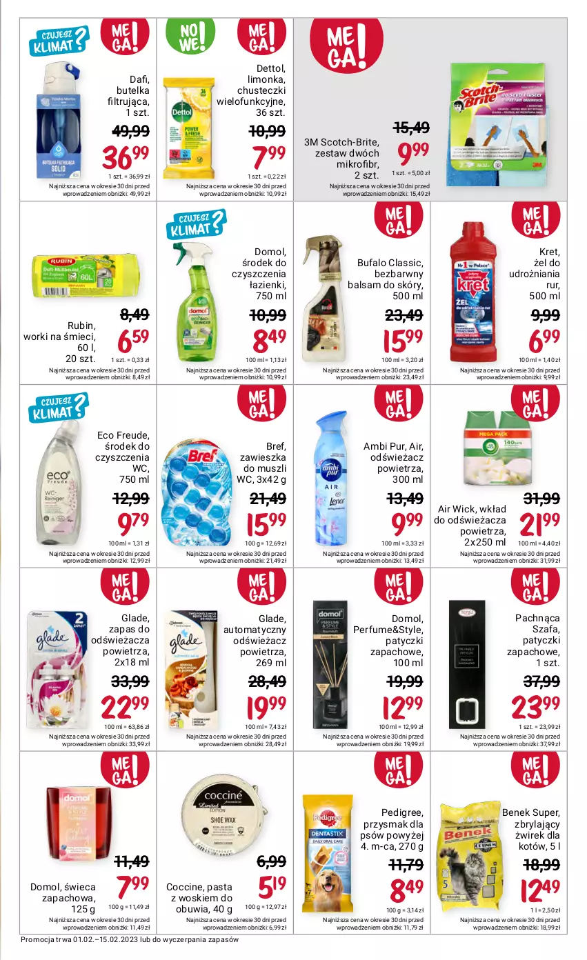 Gazetka promocyjna Rossmann - 1 lutego - ważna 01.02 do 15.02.2023 - strona 3 - produkty: Air Wick, Ambi Pur, Bref, Brit, Chusteczki, Dettol, Domol, Fa, Kret, Limonka, Mus, Odświeżacz powietrza, Pedigree, Perfum, Pur, Rubin, Szafa, Worki na śmiec, Worki na śmieci