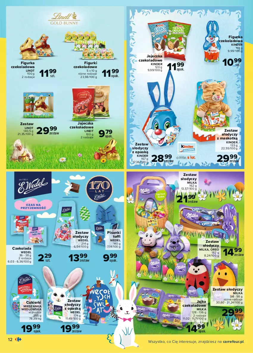 Gazetka promocyjna Carrefour - Gazetka Co masz dla mnie, zajączku? - ważna 15.03 do 03.04.2021 - strona 12 - produkty: Cukier, Cukierki, Czekolada, Kinder, Lindt, Mieszanka wedlowska, Milka, Oreo, Sanki