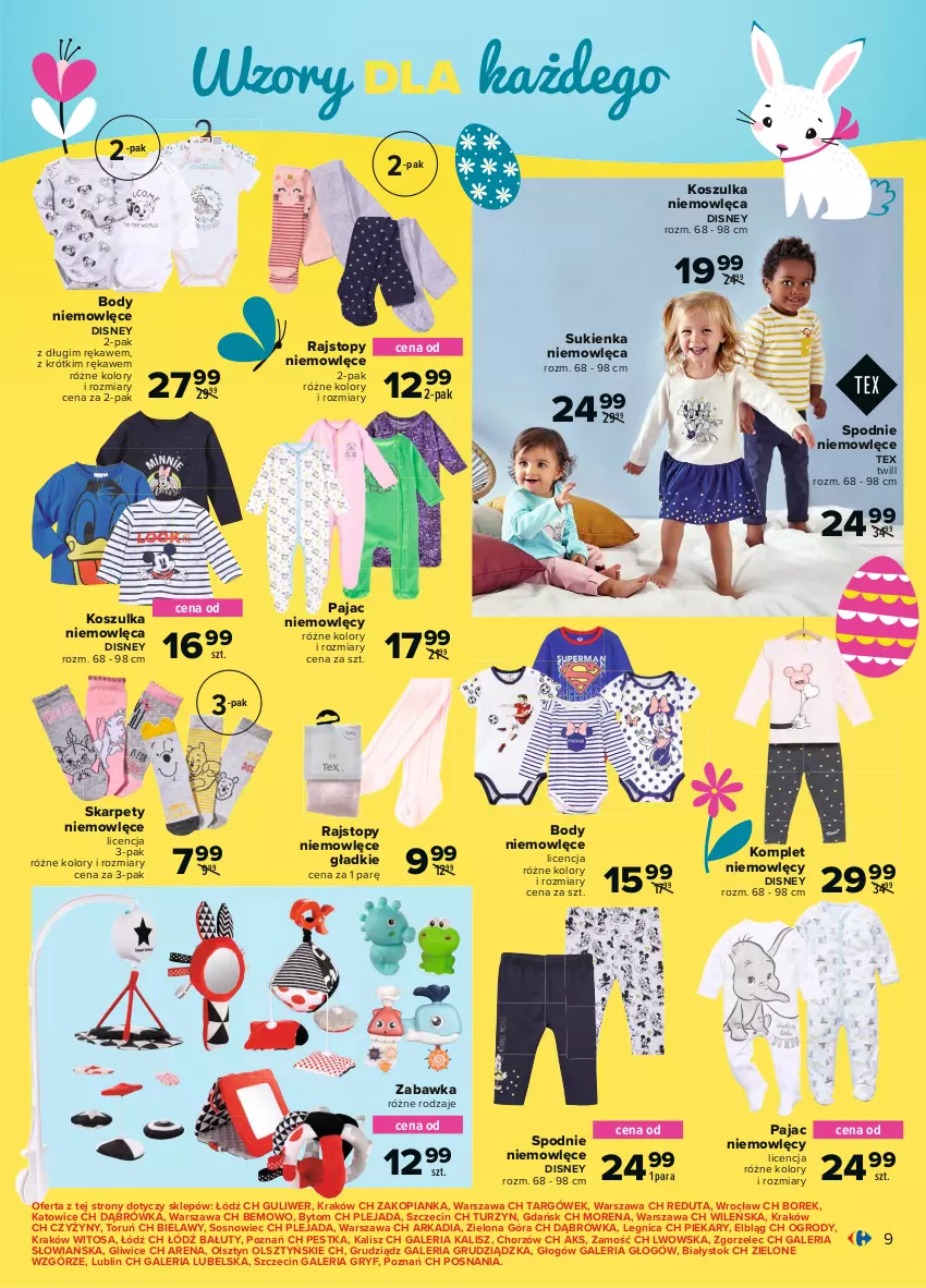 Gazetka promocyjna Carrefour - Gazetka Co masz dla mnie, zajączku? - ważna 15.03 do 03.04.2021 - strona 9 - produkty: Body, Disney, Gry, Karp, Kosz, Koszulka, Pajac, Rajstopy, Sos, Spodnie, Sukienka, Top, Zabawka