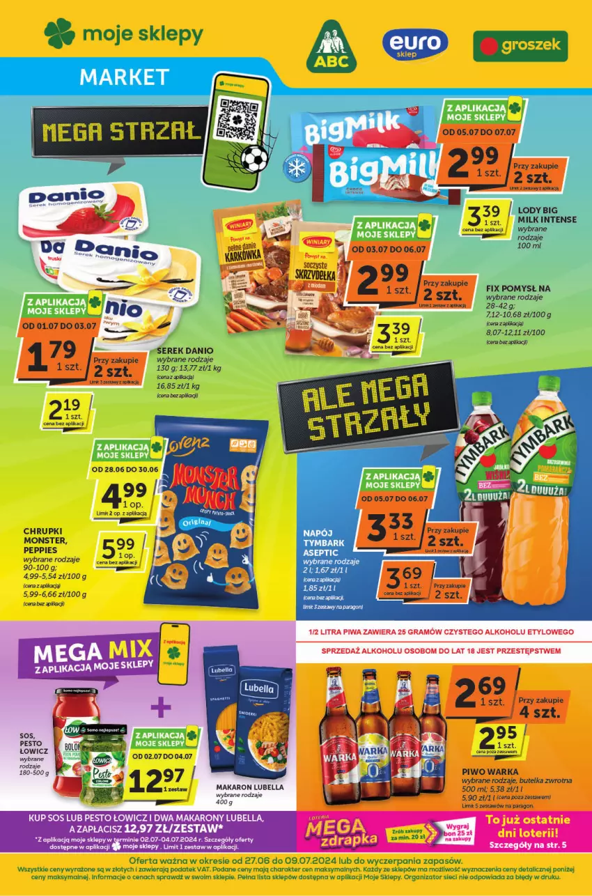 Gazetka promocyjna ABC - ważna 27.06 do 09.07.2024 - strona 1 - produkty: Bell, Bella, Chrupki, Danio, Gra, Lody, Lubella, Makaron, Pesto, Piwa, Ser, Serek, Sos