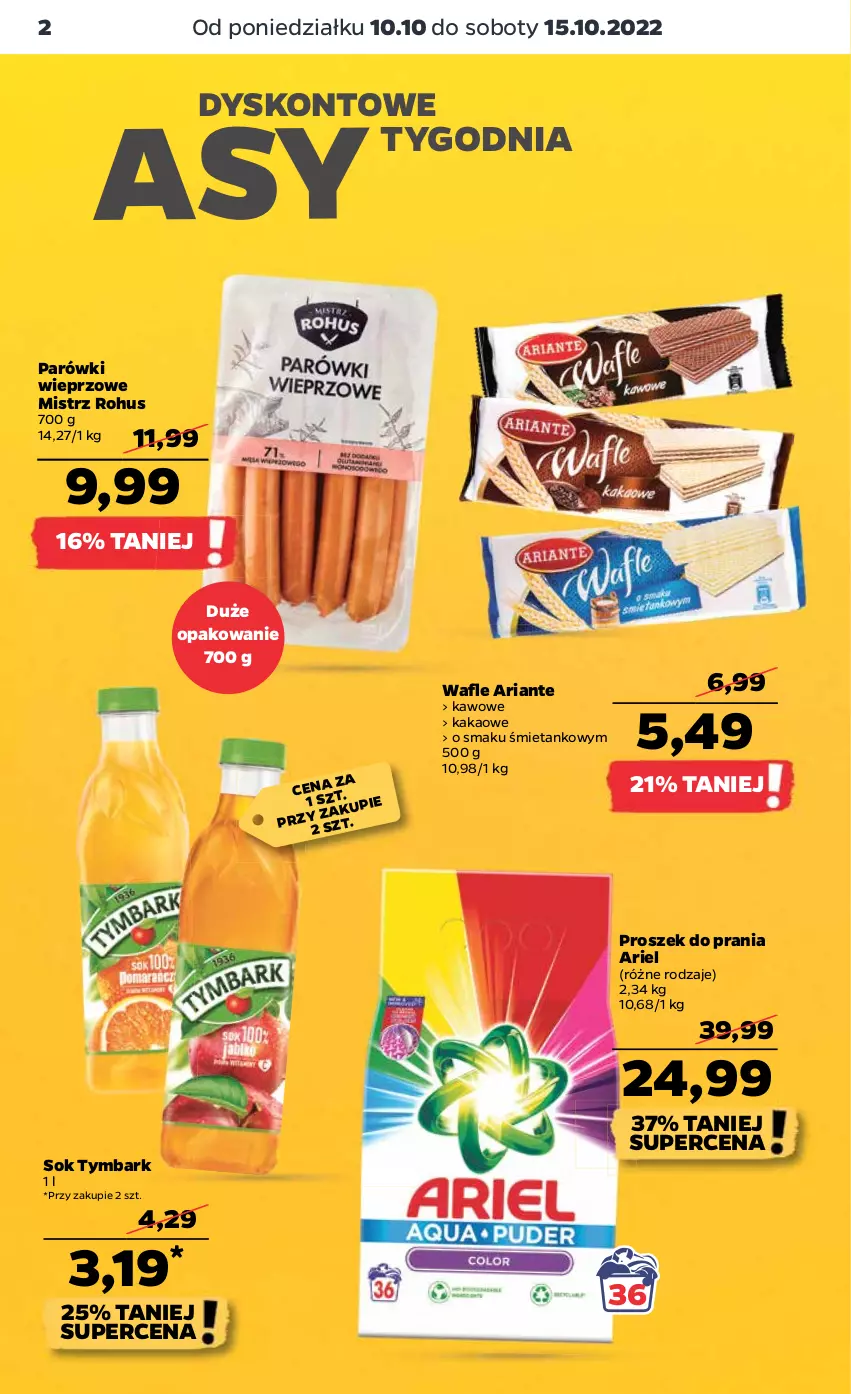 Gazetka promocyjna Netto - Artykuły spożywcze - ważna 10.10 do 15.10.2022 - strona 2 - produkty: Ariel, Kakao, Parówki, Proszek do prania, Sok, Tymbark, Wafle