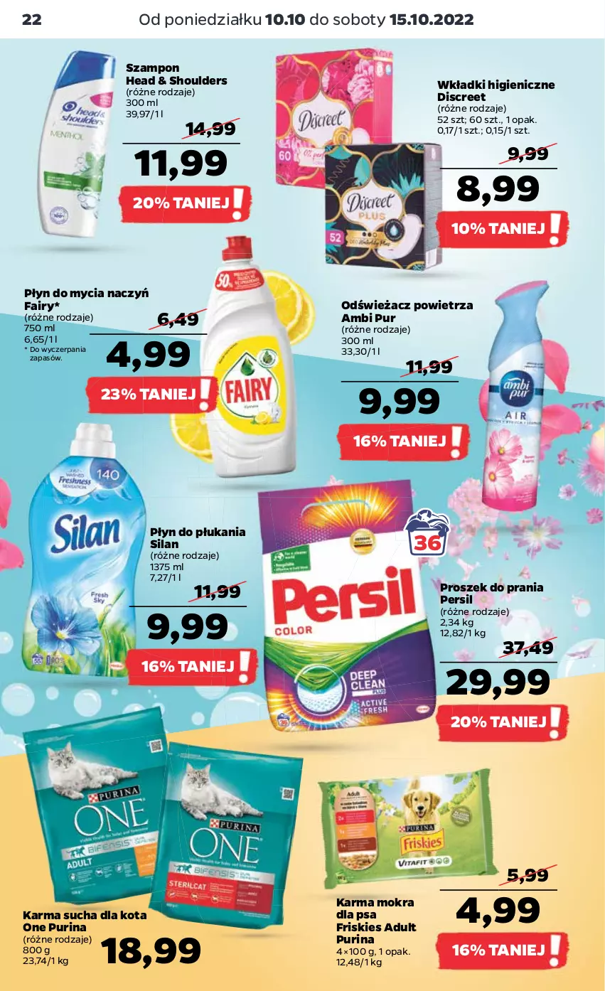 Gazetka promocyjna Netto - Artykuły spożywcze - ważna 10.10 do 15.10.2022 - strona 22 - produkty: Ambi Pur, Discreet, Do mycia naczyń, Fa, Fairy, Friskies, Odświeżacz powietrza, Persil, Płyn do mycia, Płyn do mycia naczyń, Płyn do płukania, Proszek do prania, Pur, Purina, Silan, Szampon, Wkładki