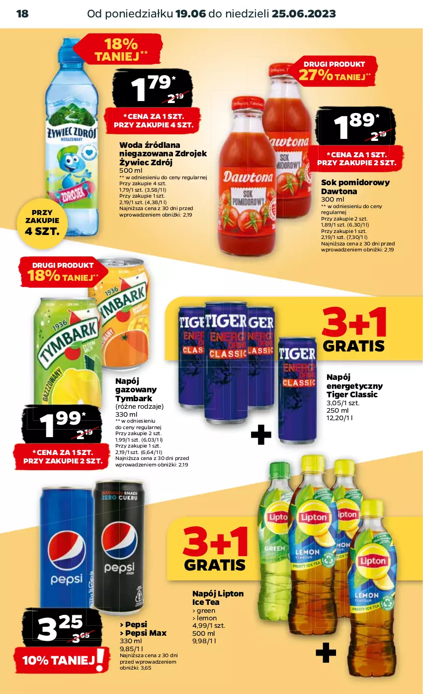 Gazetka promocyjna Netto - Artykuły spożywcze - ważna 19.06 do 25.06.2023 - strona 18 - produkty: Dawtona, Gra, Ice tea, LANA, Lipton, Napój, Napój energetyczny, Napój gazowany, Pepsi, Pepsi max, Sok, Sok pomidorowy, Tiger, Tymbark, Woda